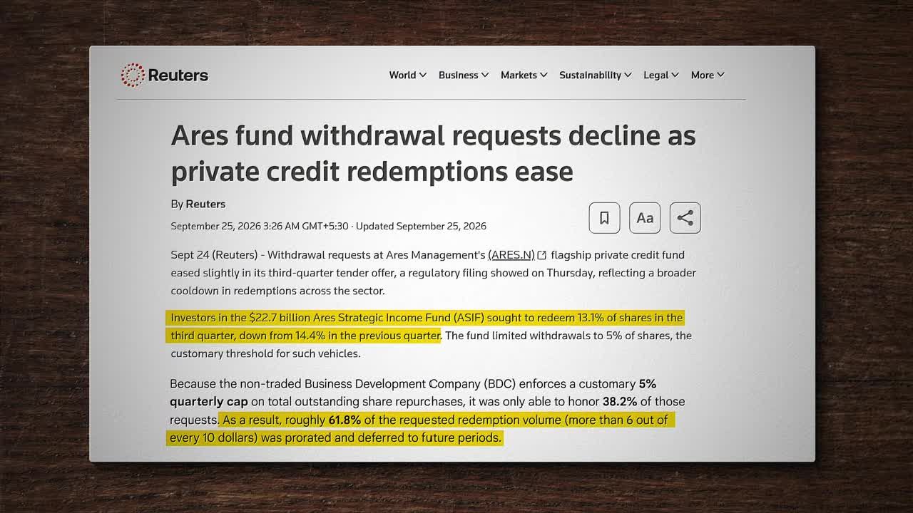 Article excerpt on Ares Strategic Income Fund redemptions: investors holding 13% of the fund requested their money back and most of those dollars were prorated