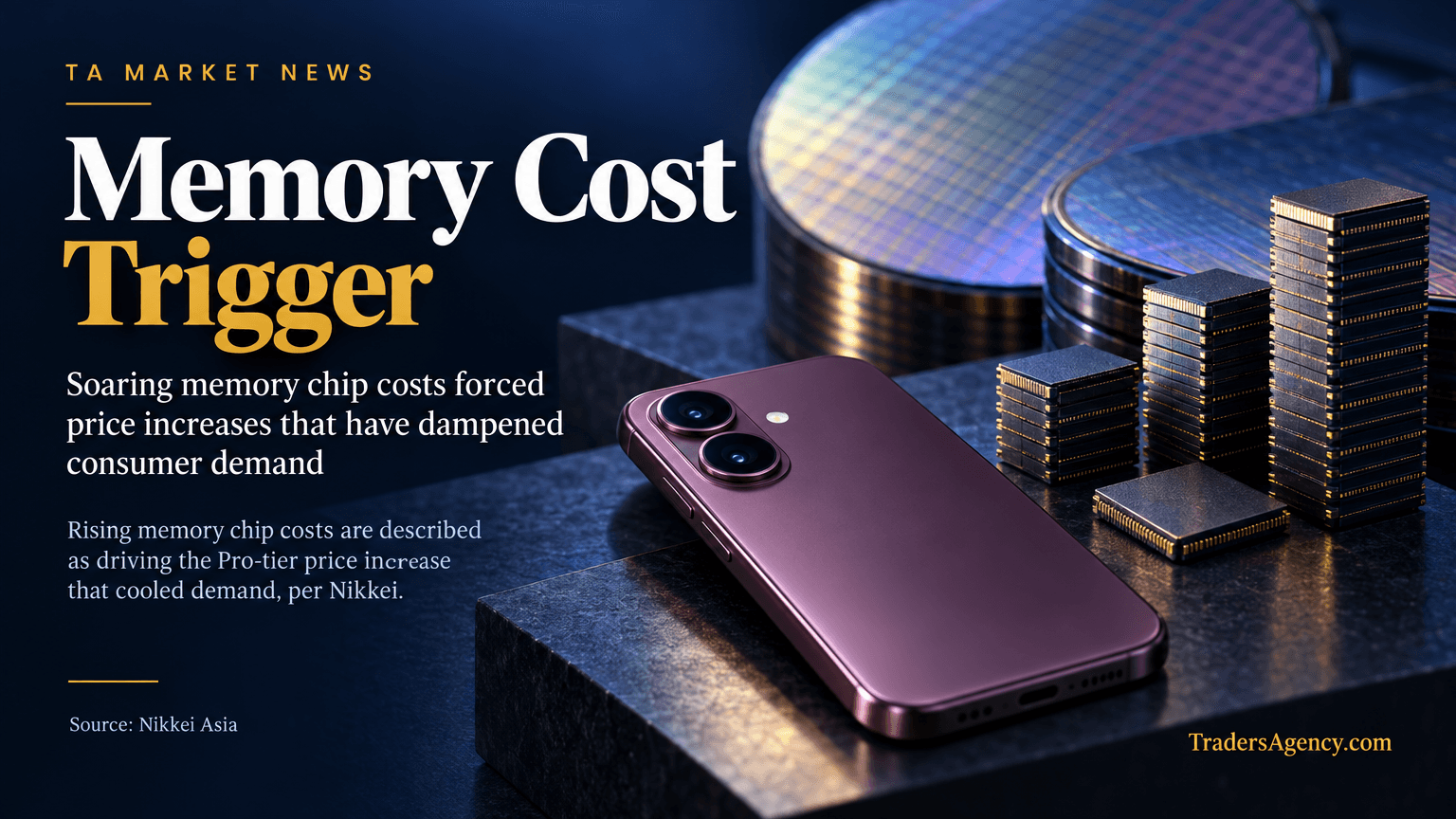 Illustration of rising stacked memory chips beside a premium smartphone body, symbolizing the cost-to-price chain described by Nikkei.
