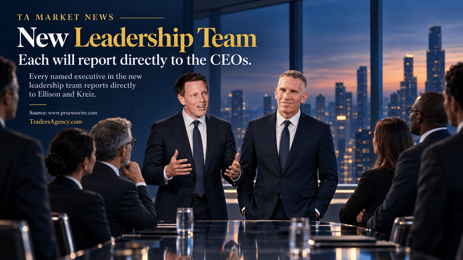 Illustration of executives gathered in a boardroom oriented toward two leaders, symbolizing a direct-reporting leadership structure.