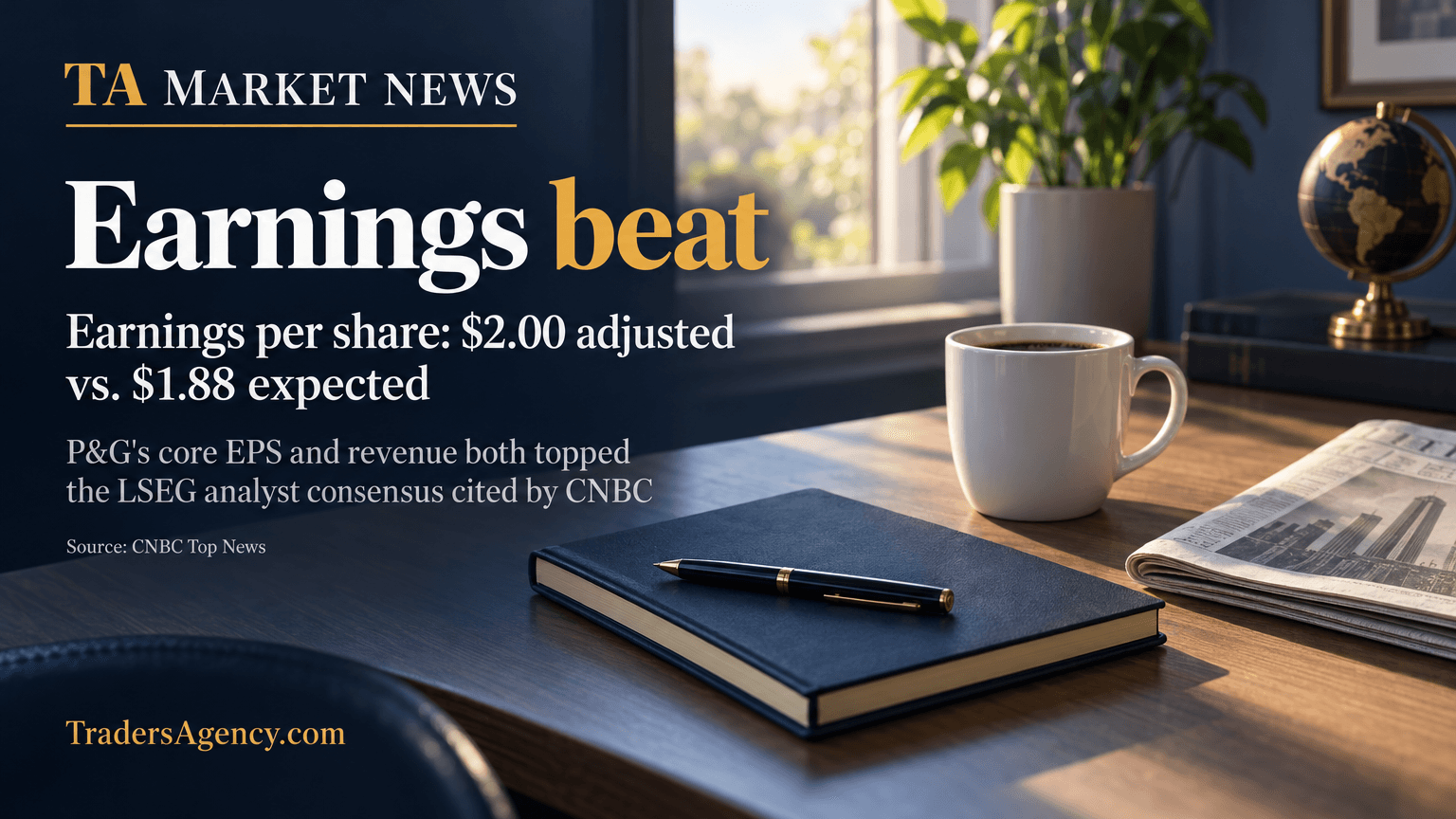 A desk scene with coffee and a folded newspaper suggesting a review of better-than-expected quarterly earnings.