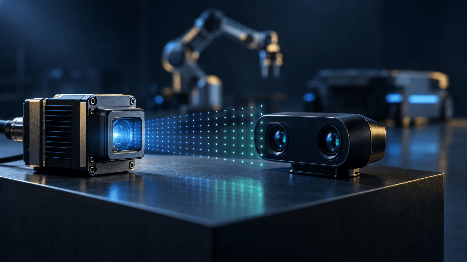 Close-up of an industrial machine-vision camera and a stereo depth-sensing camera facing each other with a projected dot-grid light pattern bridging them, blurred robotic arm and mobile robot silhouettes in the background.