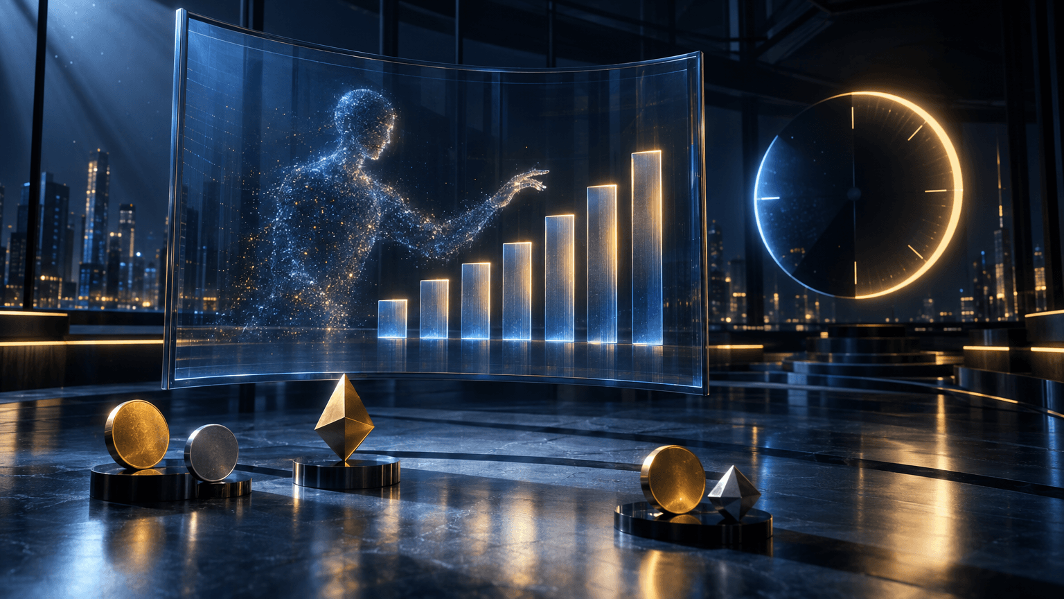 Abstract night scene of a glowing humanoid AI silhouette interacting with tiered light pillars and a half-lit clock-like ring, symbolizing automated trading, leveraged tiers, and continuous market access.