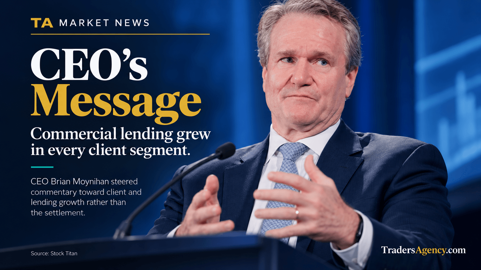 Illustration of a bank executive speaking at a podium, representing CEO remarks on earnings.
