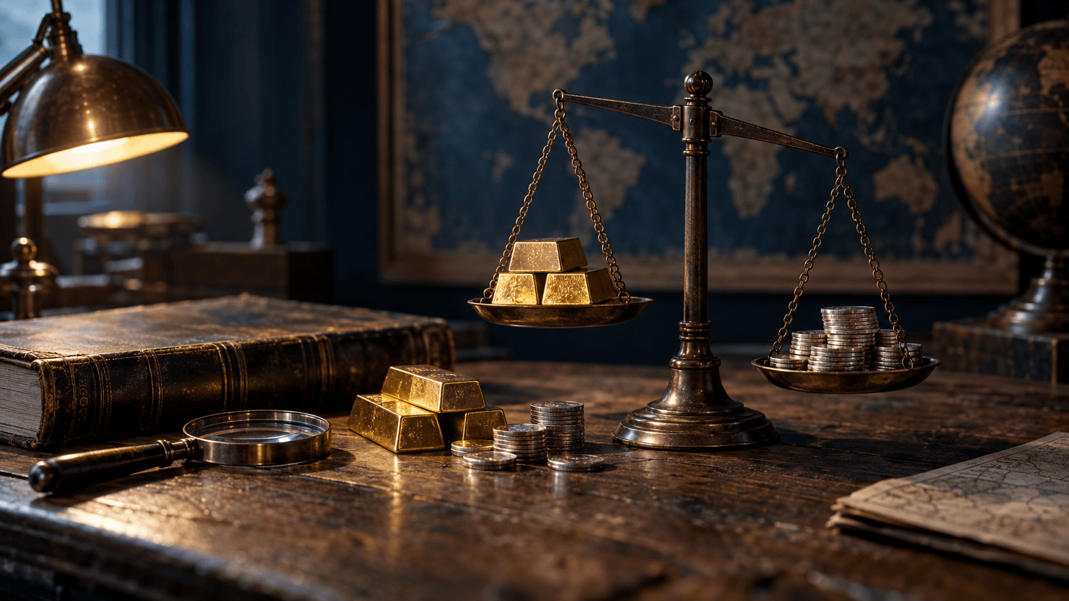 A weathered wooden desk holds a small stack of gold bars beside a modest pile of silver coins, arranged near an old brass balance scale tipped slightly to one side.