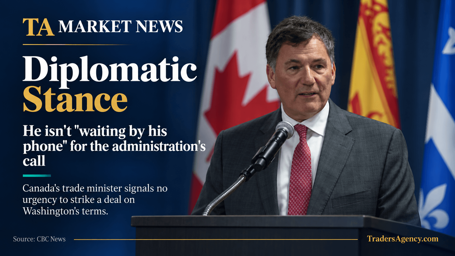 A Canadian official speaks at a podium with a microphone during a press conference, flags in the background.