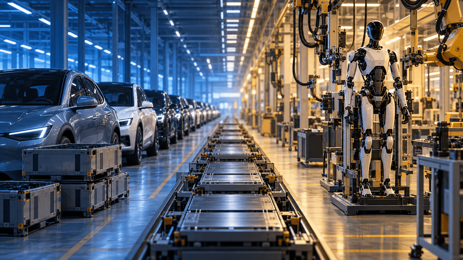 Split factory scene showing finished electric vehicles beside empty battery crates on one side and a partially assembled humanoid robot on an assembly lift on the other, linked by a shared production line.