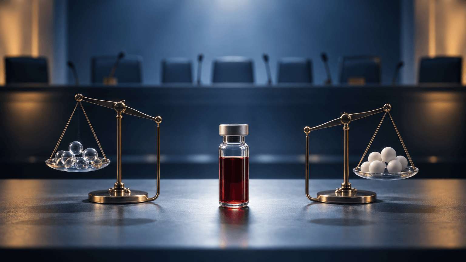 A single vial of blood centered between two tilted glass balance scales holding clear and white spheres, set before the blurred silhouette of an empty advisory panel dais, symbolizing an unresolved evaluation of a medical blood test.