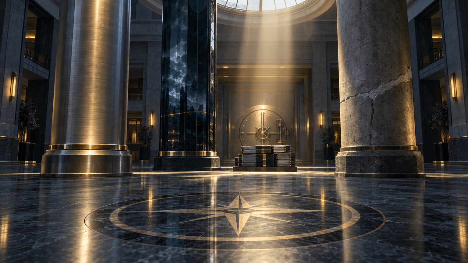 A grand bank lobby with three symbolic pillars—steel, glass, and concrete—lit by a single shaft of light falling on ledgers and a vault door, evoking steady core growth amid volatile trading and softer mortgage conditions.