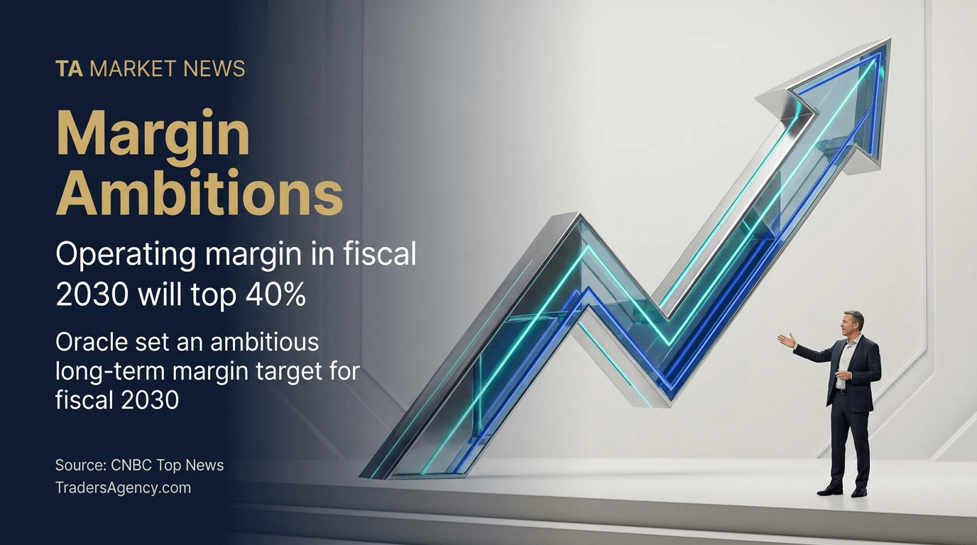 Illustration of executives on stage near an abstract rising structure symbolizing a long-term margin growth target.