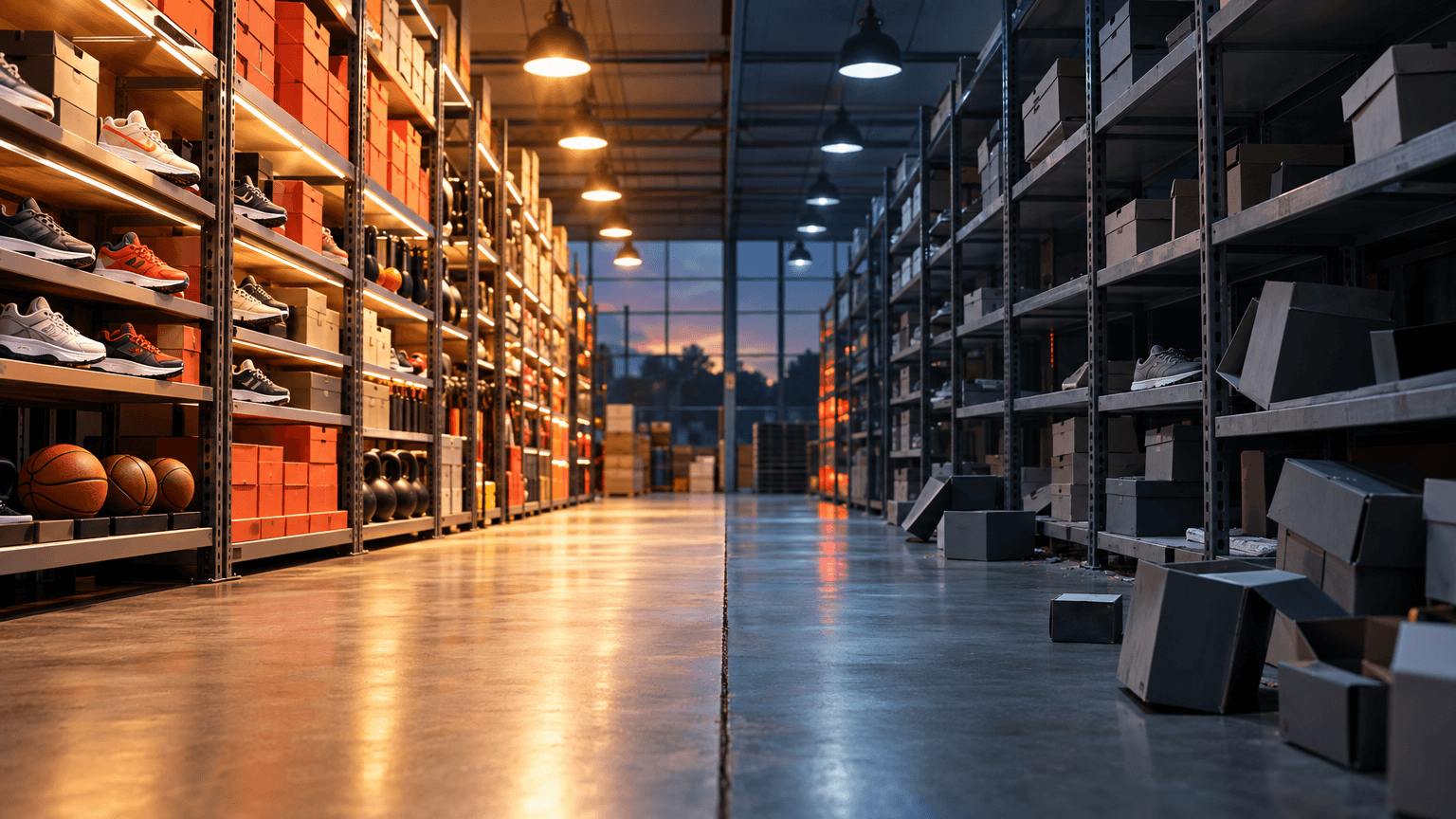 A single warehouse retail aisle split visually in half: one side bright, orderly stacks of shoeboxes and sporting goods under warm light, the other side dimmer, disorganized shoeboxes under cooler light with a faint red discount glow, symbolizing diverging performance between two parts of one retail business.
