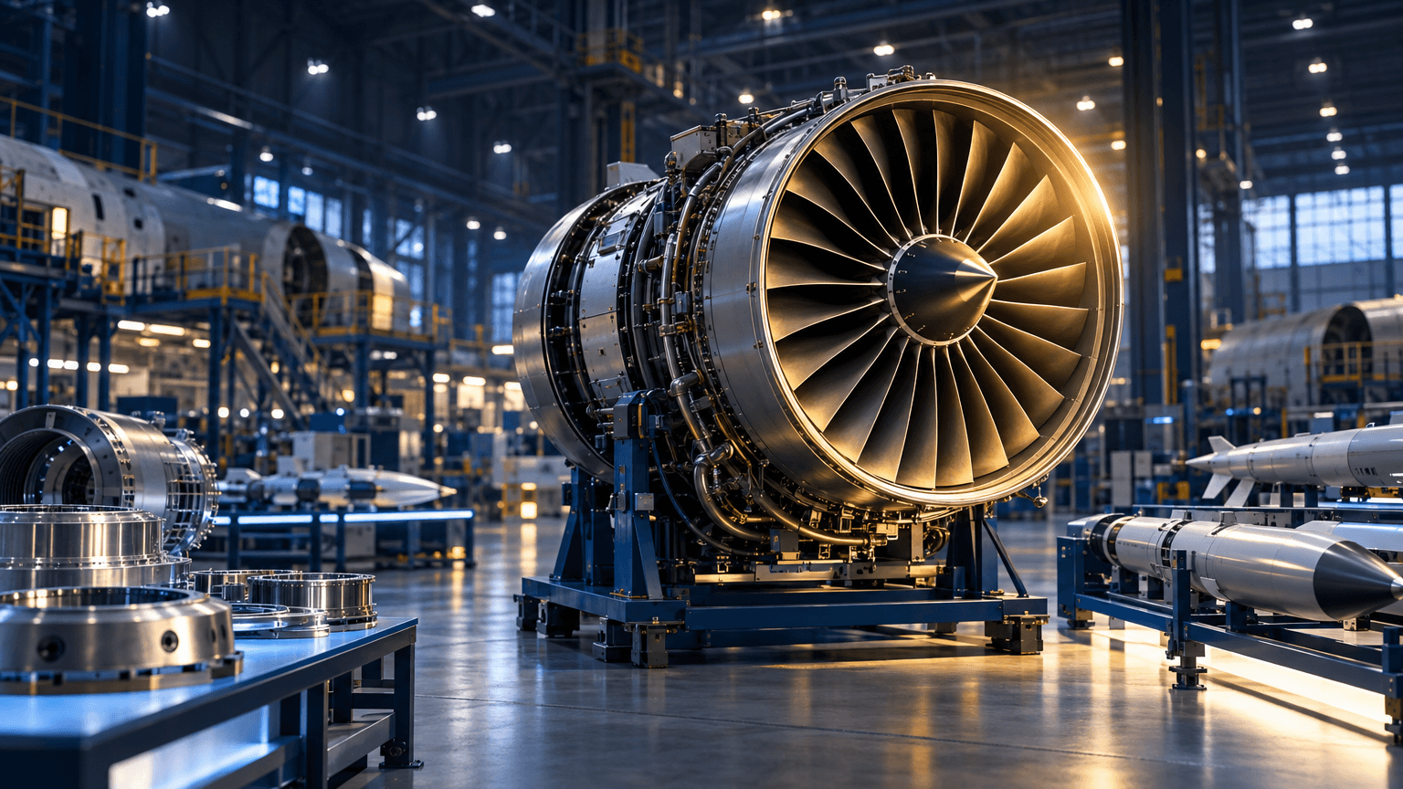 A jet engine on a stand inside an aerospace manufacturing hangar, lit with a warm highlight, surrounded by orderly rows of aircraft and defense components under industrial lighting.