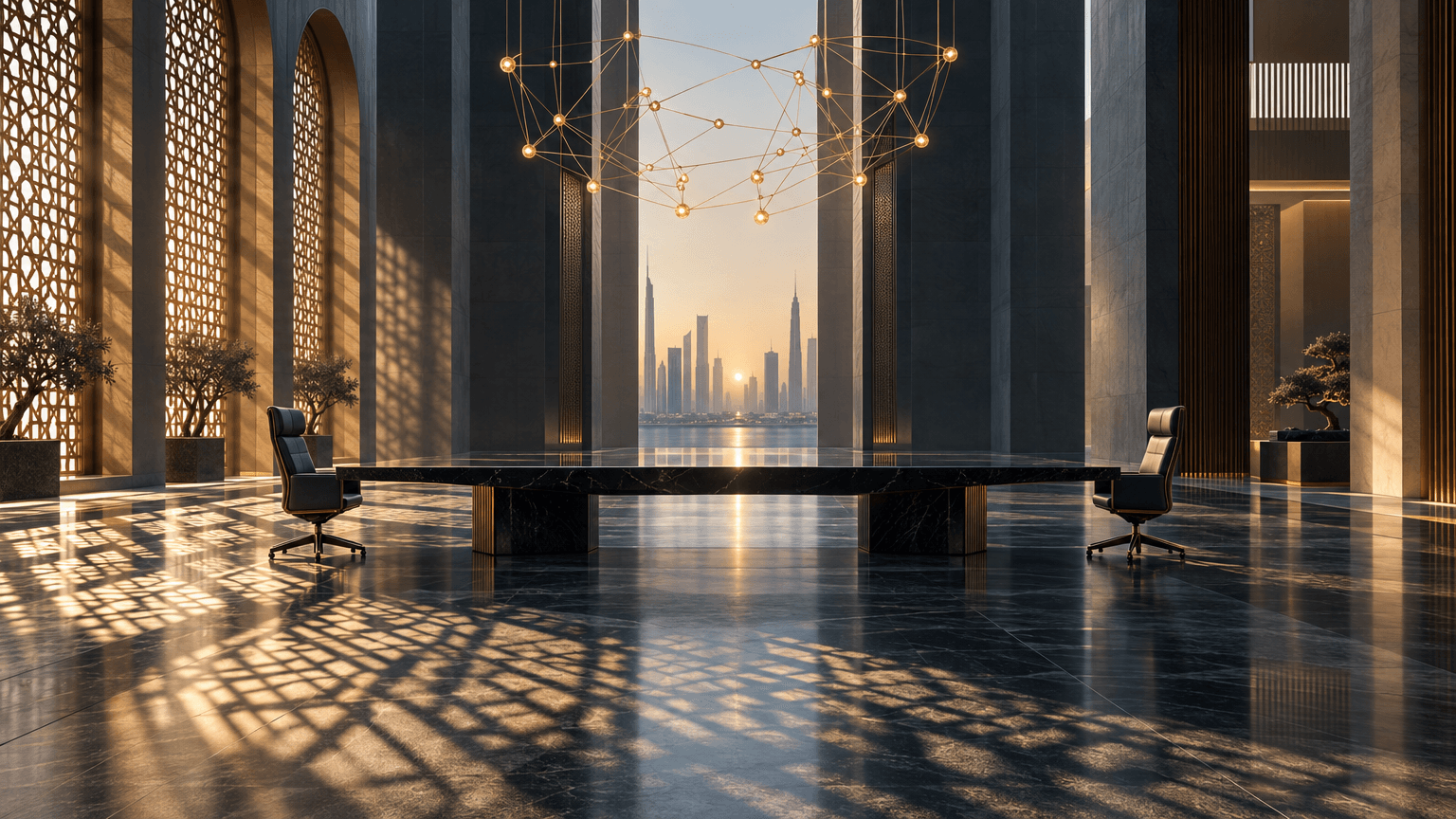 An empty grand hall with Middle Eastern latticed screens and two distant executive chairs at a long dark table, beneath a glowing abstract network of filaments resembling circuitry, symbolizing a major AI investment negotiation between Gulf capital and global technology interests.