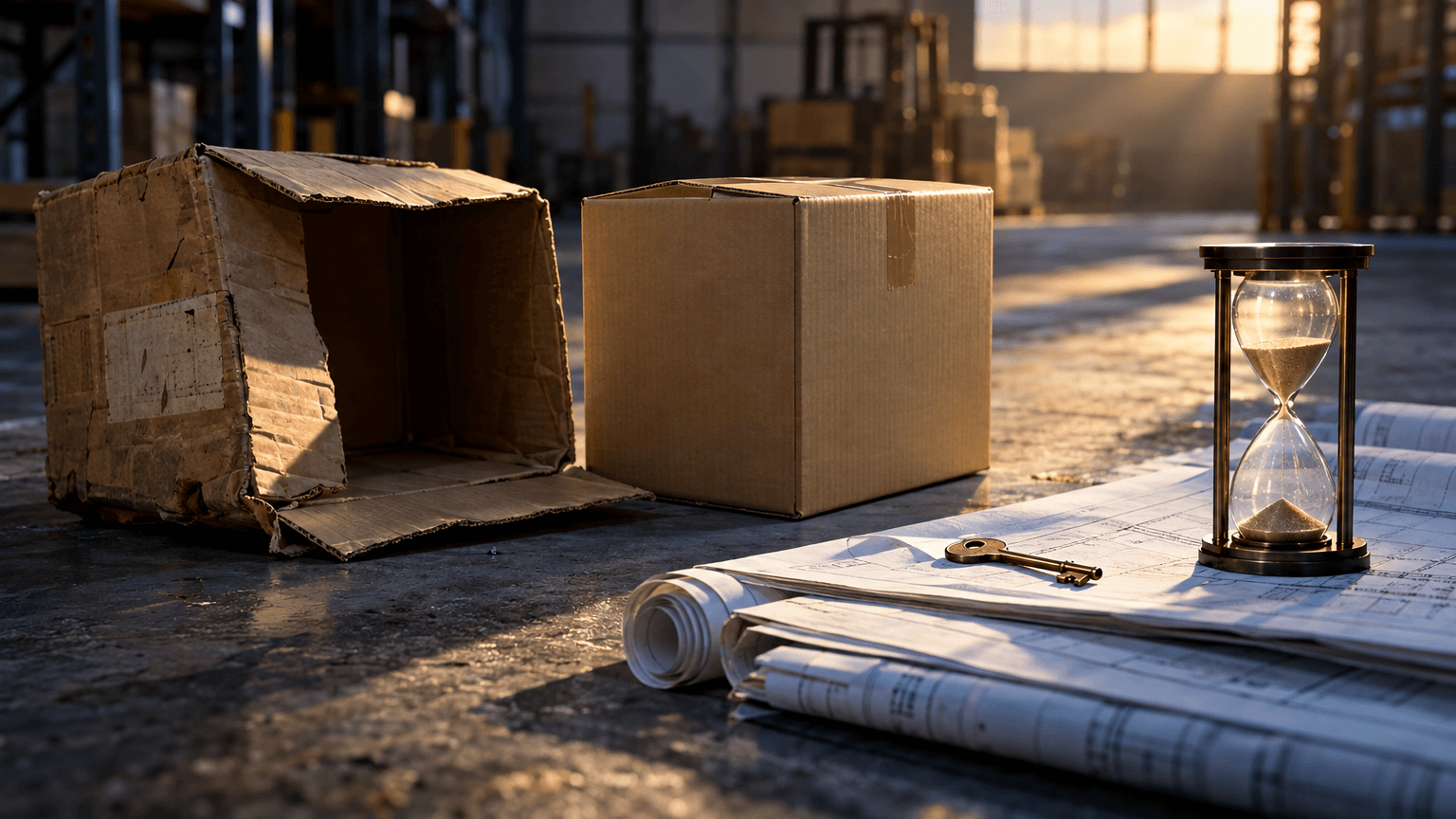 Macro still life on a scuffed warehouse concrete floor: an empty cardboard moving box stamped with a faded shipping label (no logos), lying on its side next to a crisp new unbranded corrugated box taped shut, symbolizing rebirth from bankru