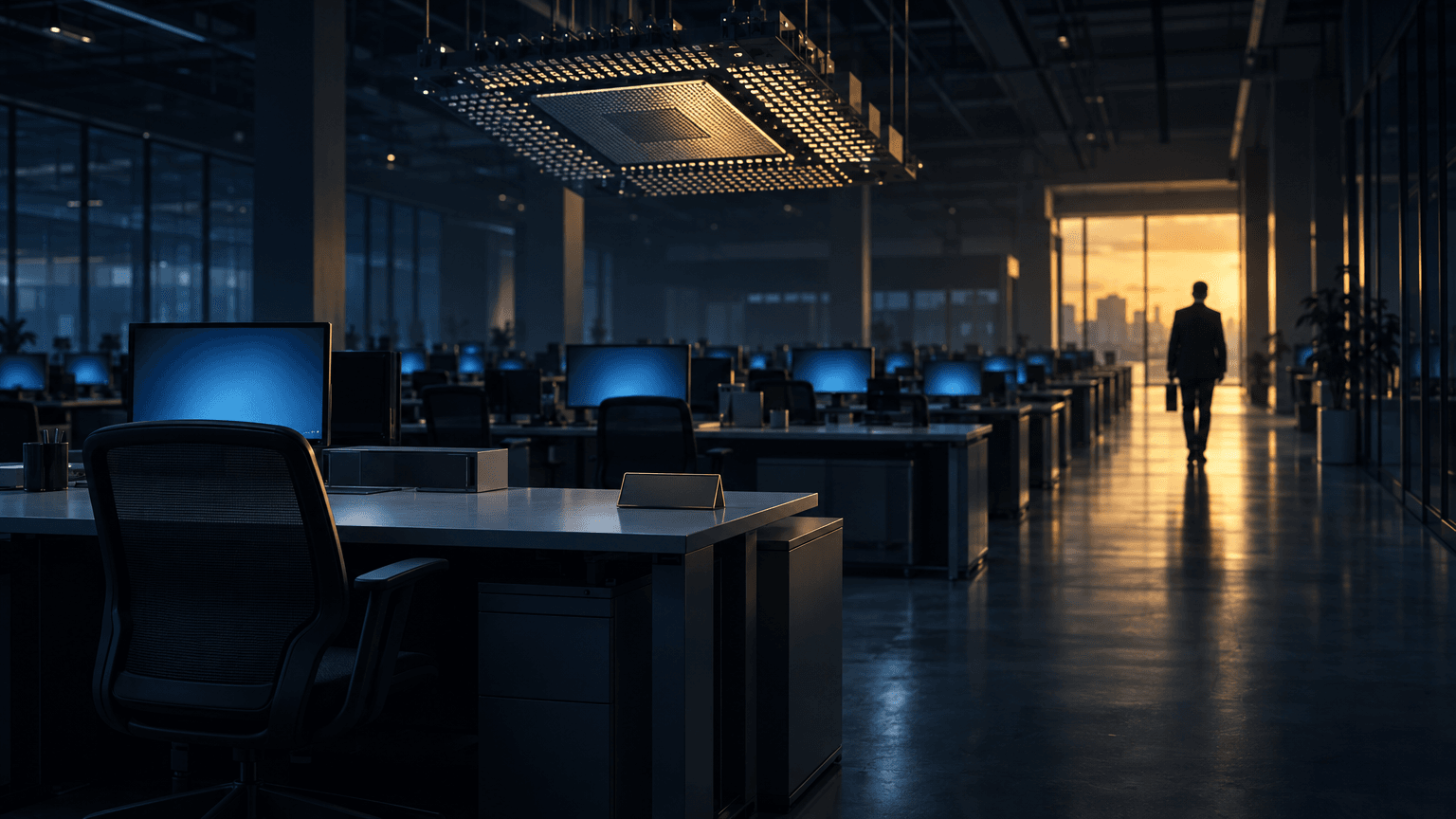 A nearly empty corporate office at dusk with rows of unoccupied desks under blue monitor glow, a chip-shaped sculpture hanging overhead, and a lone figure walking toward a lit exit.