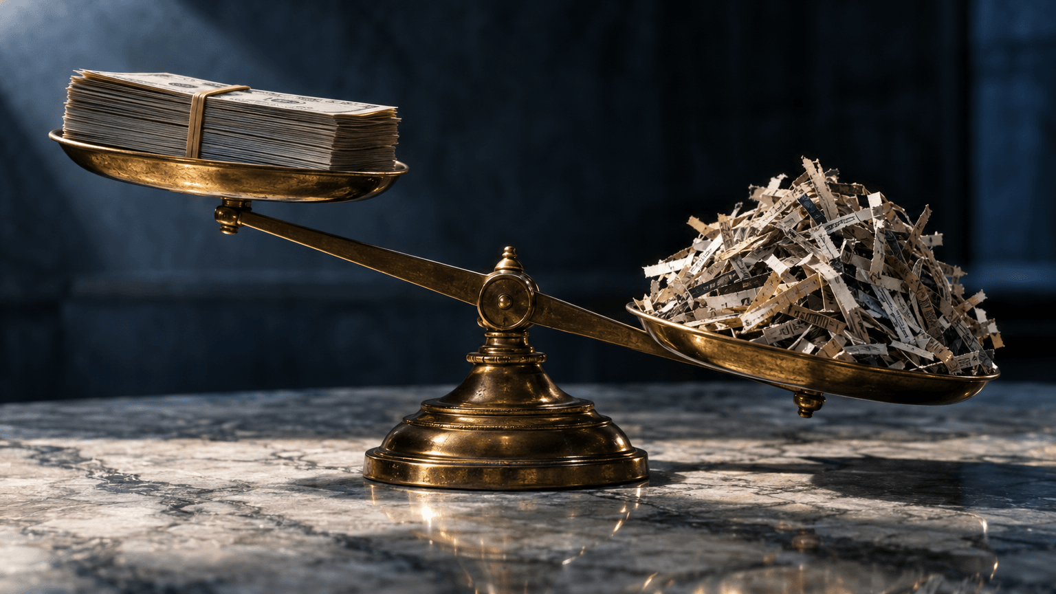 Macro shot of a large stack of crisp paper bills secured with a single rubber band, resting on an antique brass balance scale, with the scale's opposite pan weighed down by a pile of old newspaper clippings cut into thin strips to resemble