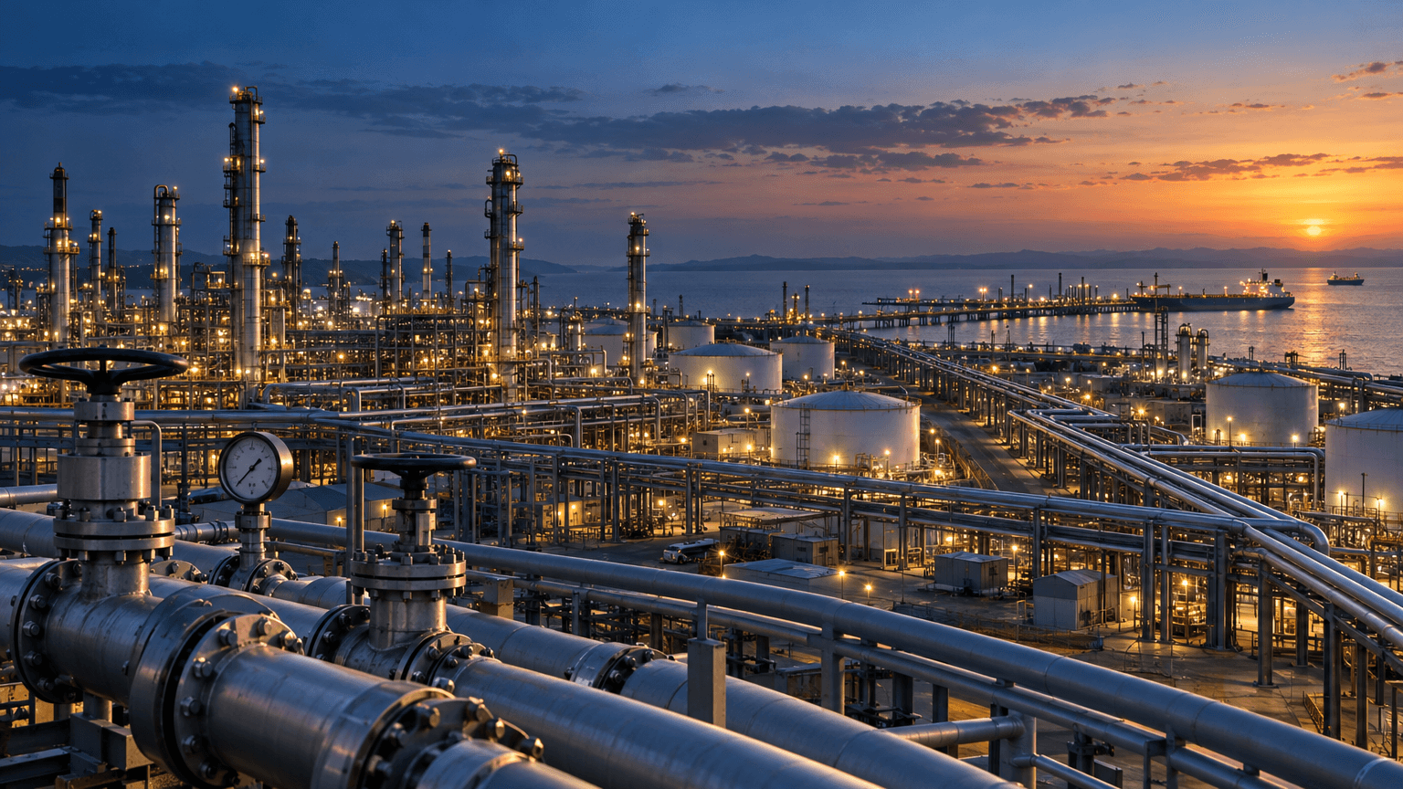 Aerial view of a large petroleum refinery and pipeline network at dusk, with distant storage tanks and a marine terminal illuminated by industrial lighting.