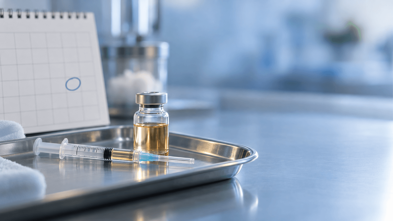 A syringe and vial on a steel tray beside a wall calendar with one date circled, symbolizing a once-monthly injectable medication.