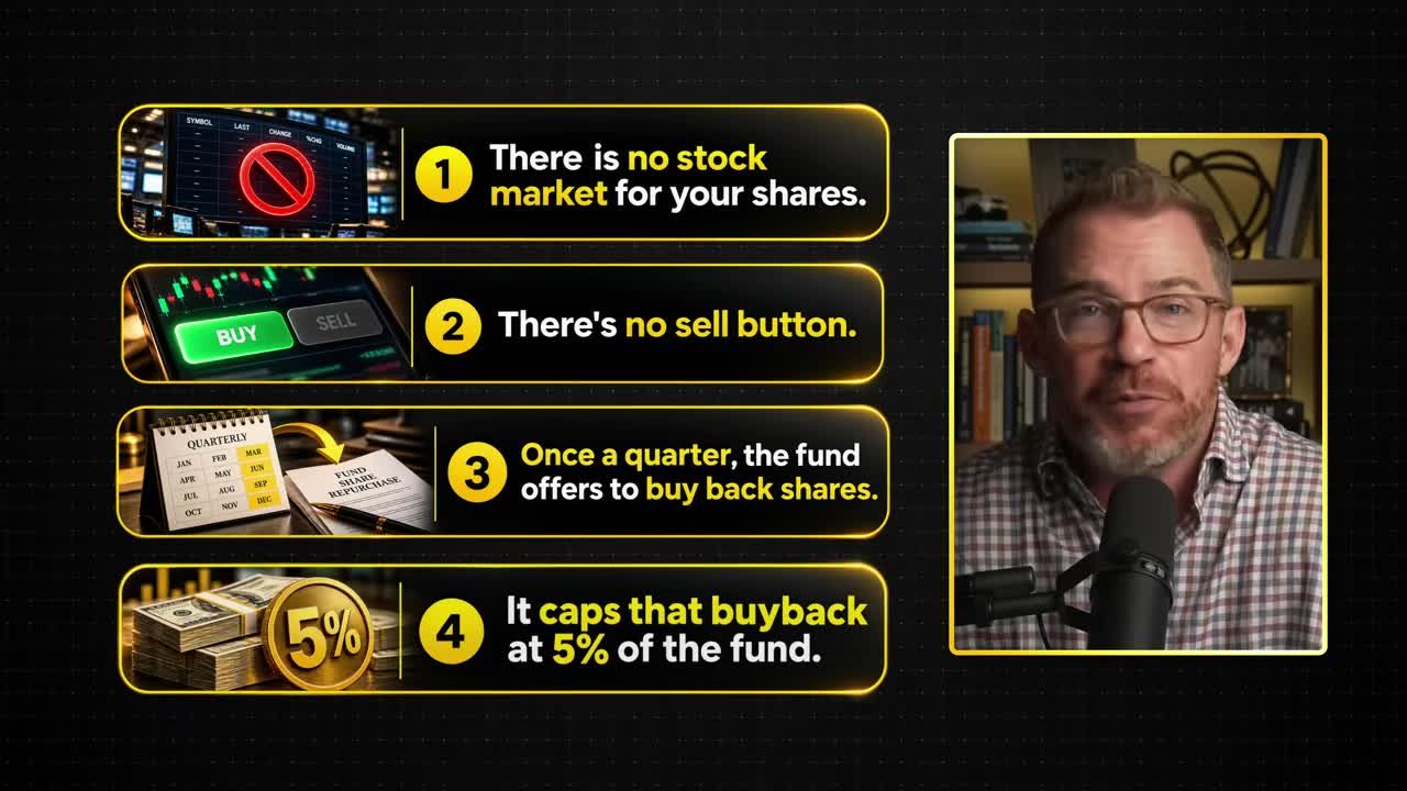 Infographic listing four key risks of non-traded BDCs: no stock market, no sell button, quarterly buyback offers, and a 5% buyback cap