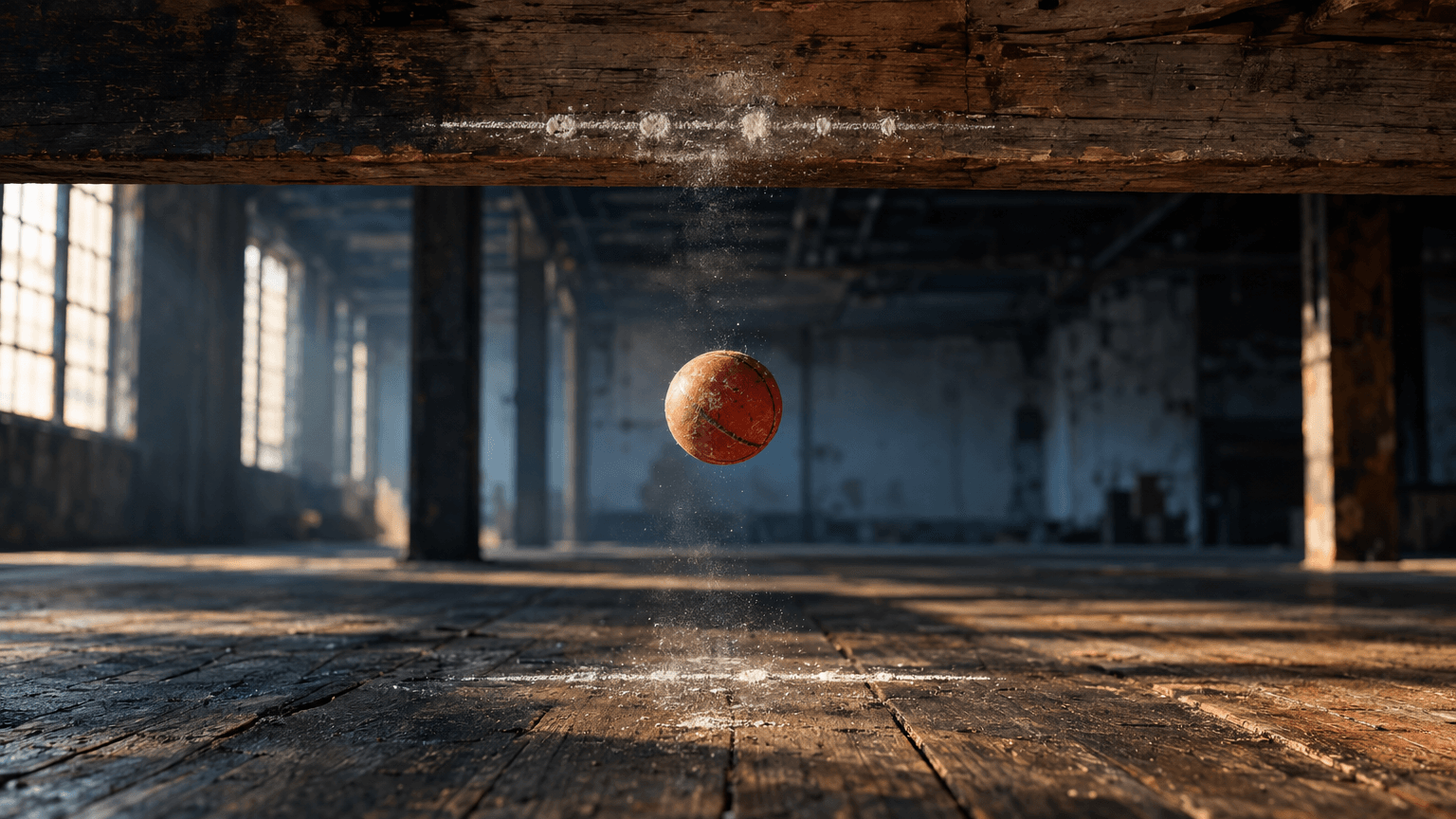 A worn wooden floor transitions into a weathered ceiling beam inside an empty warehouse, with a single rubber ball frozen mid-bounce between them, caught between two chalked horizontal lines on the floor and overhead beam.