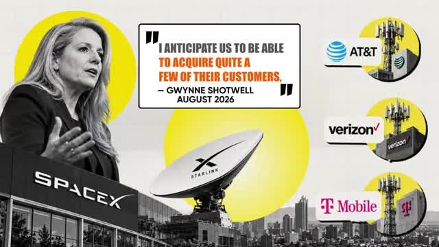 Infographic of Shotwell with Starlink dish and quote about acquiring telecom customers, alongside AT&T, Verizon, and T-Mobile logos