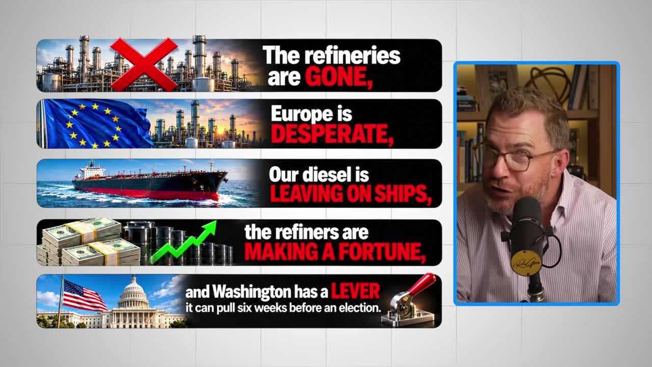 Infographic summarizing investment thesis: refineries gone, Europe desperate, diesel leaving on ships, refiners making a fortune, and Washington's election-timed lever