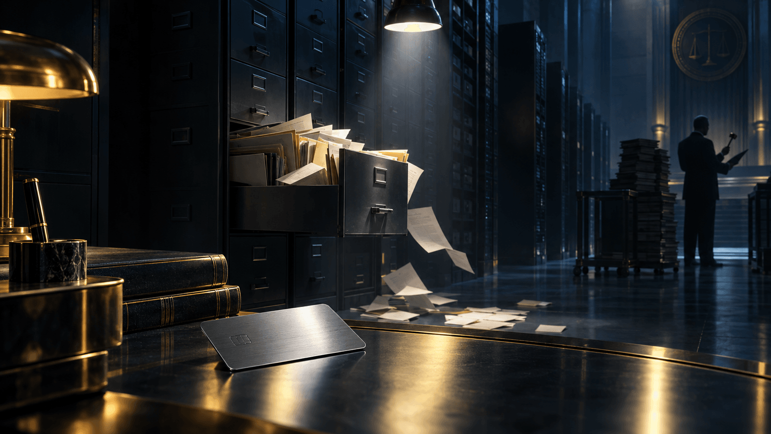 A shadowy bank archive with an open file cabinet spilling papers under a spotlight, a blank metallic card on a desk, and a distant regulator's silhouette overseeing stacked ledgers.