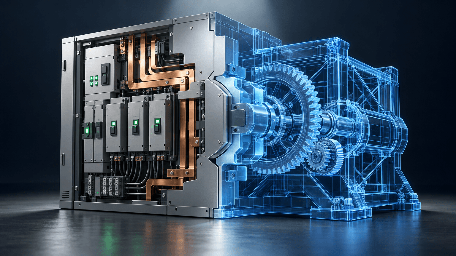 Conceptual image blending an electrical switchgear panel with a glowing blue 3D engineering wireframe model, symbolizing the merging of industrial hardware and software design technology.