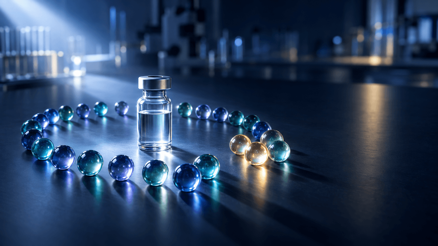 A single glowing vial surrounded by an arc of small glass spheres of varying colors on a dark laboratory bench, evoking a vaccine trial milestone.