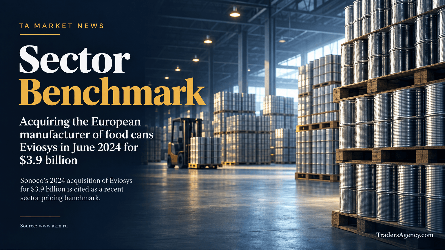 Warehouse stacked with plain metal food cans, representing the broader metal packaging M&A sector.