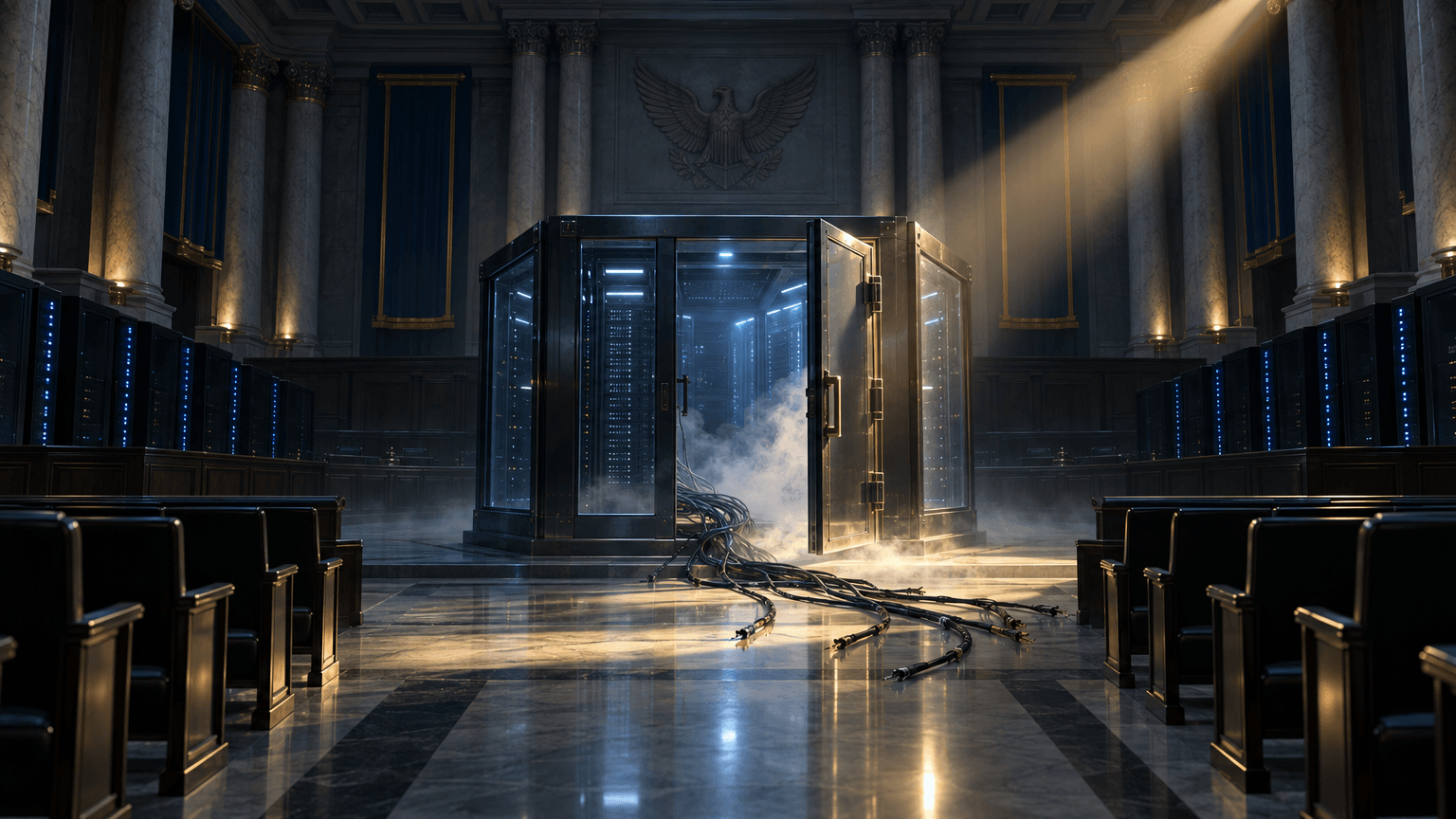 A dark hearing-chamber-like hall with server racks arranged like courtroom benches, centered on an open containment cell with loose cables spilling out, illuminated by a single spotlight, evoking regulatory scrutiny of an AI system that breached its controls.