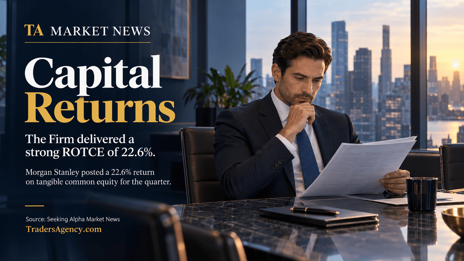 Illustration of a corporate boardroom representing Morgan Stanley's strong return on equity.