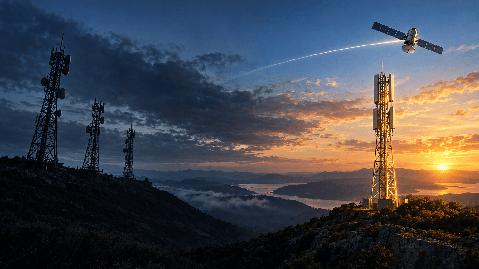Split dusk sky showing traditional telecom towers fading in cool shadow on one side and a satellite streaking above an illuminated modern tower on the other, symbolizing a shift in telecommunications infrastructure.