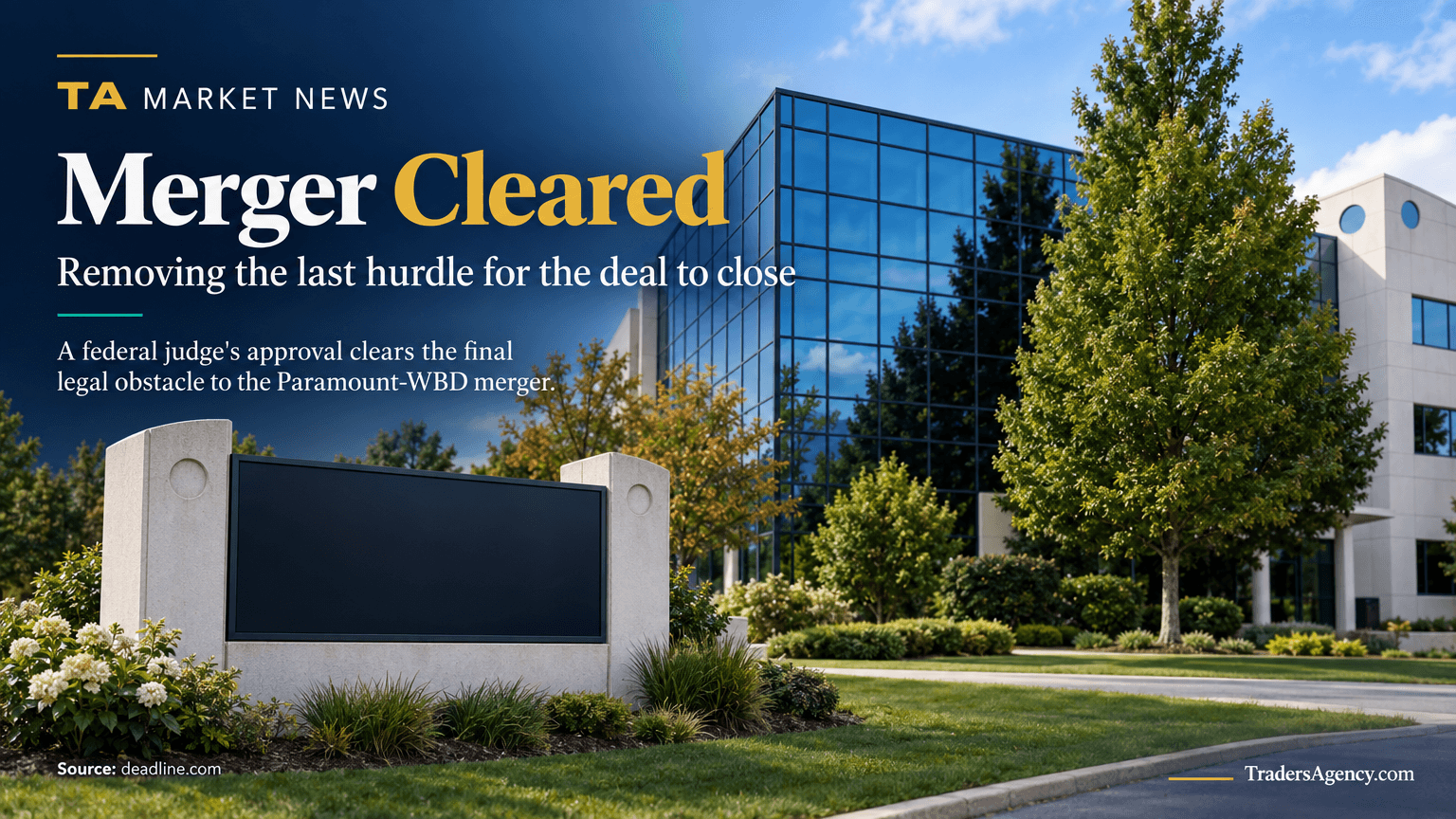 A corporate media campus building exterior symbolizing the media company whose merger was just legally cleared.