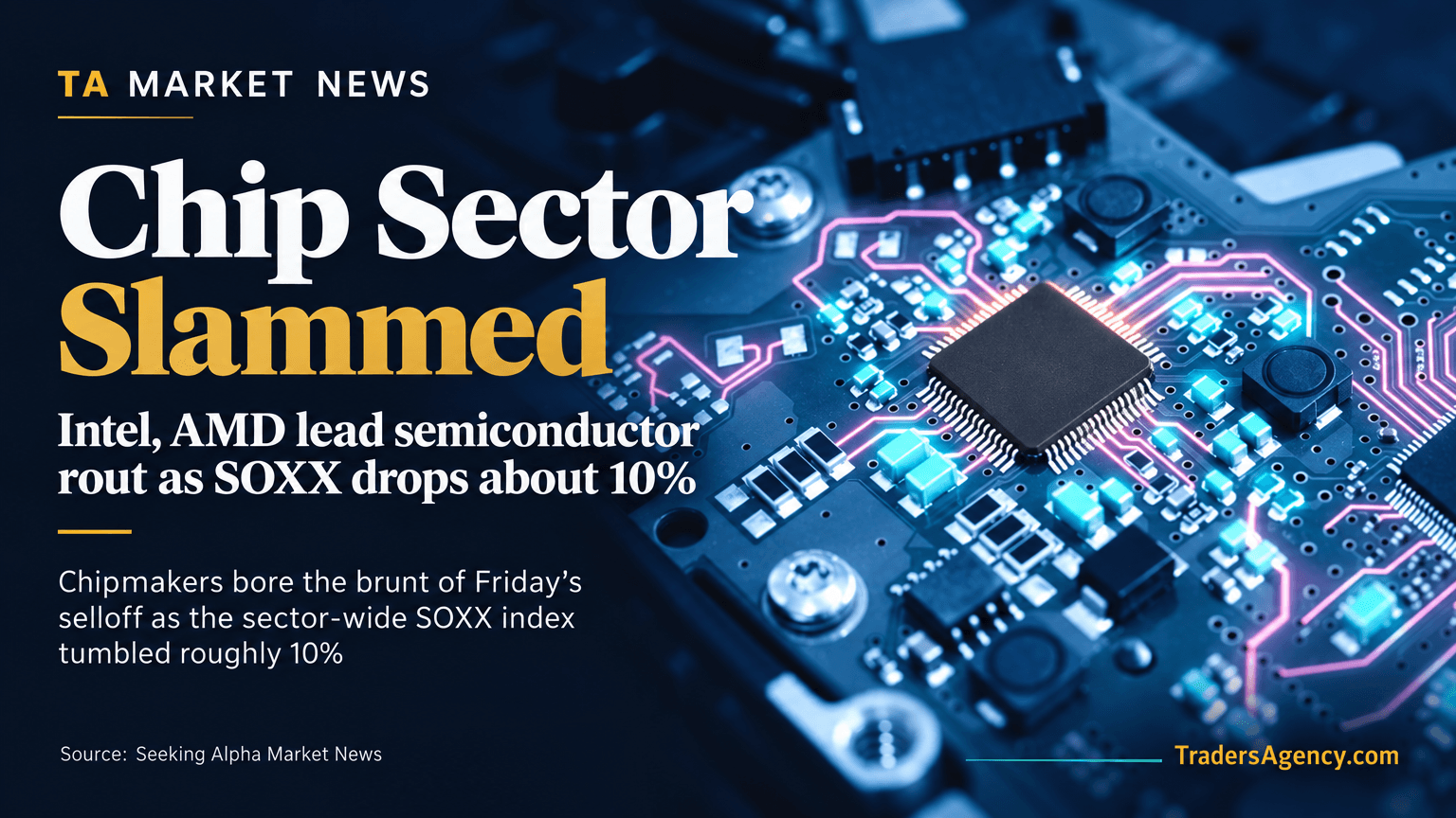Close-up of a semiconductor chip on a circuit board, representing the sharp decline across chipmaker stocks.