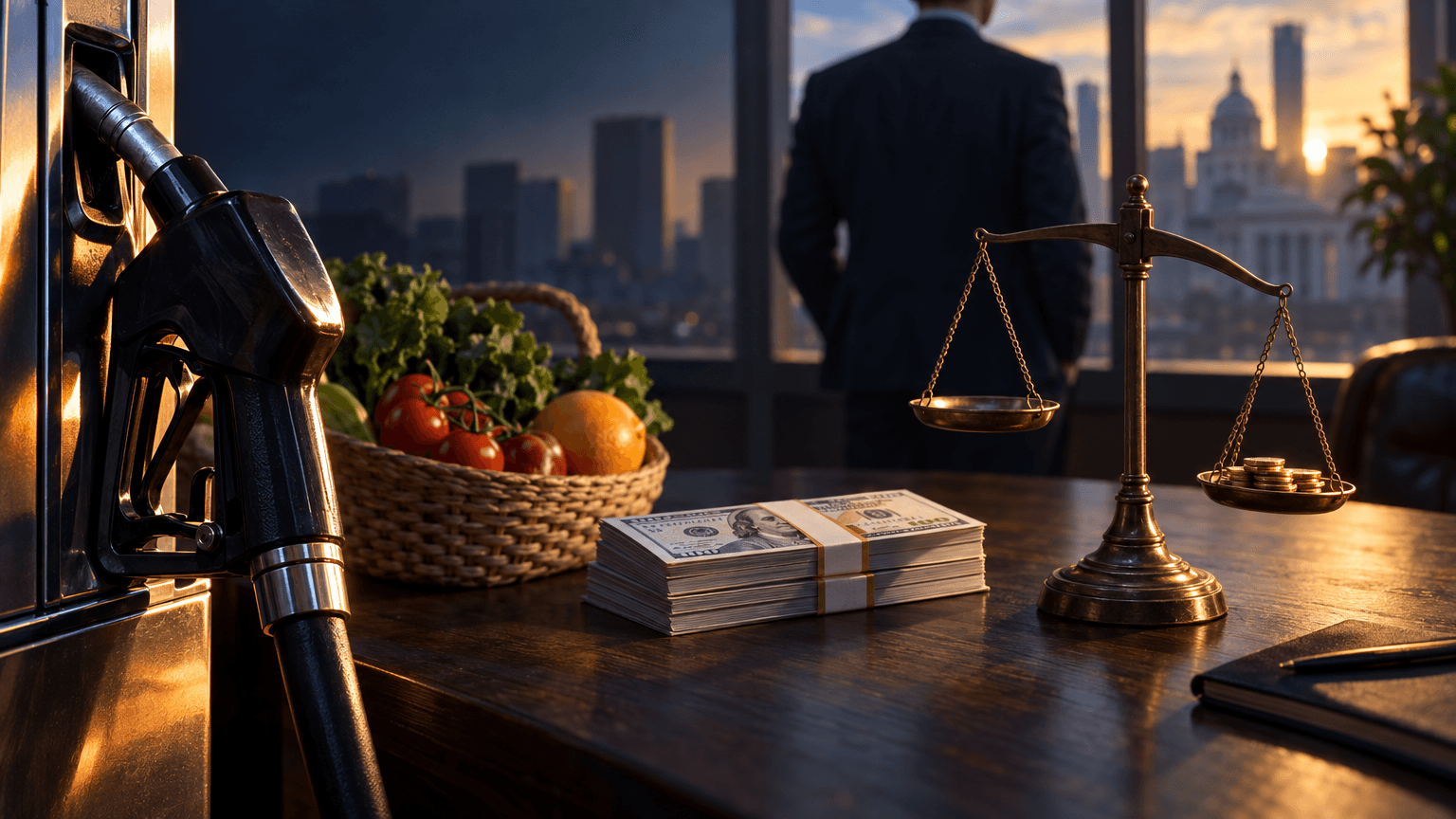 Editorial still-life of a fuel pump nozzle, a basket of fresh produce, and an old brass balance scale beside folded currency on a dark table, with a blurred suited figure near a window in the background, symbolizing inflation, consumer spending, and monetary policy.