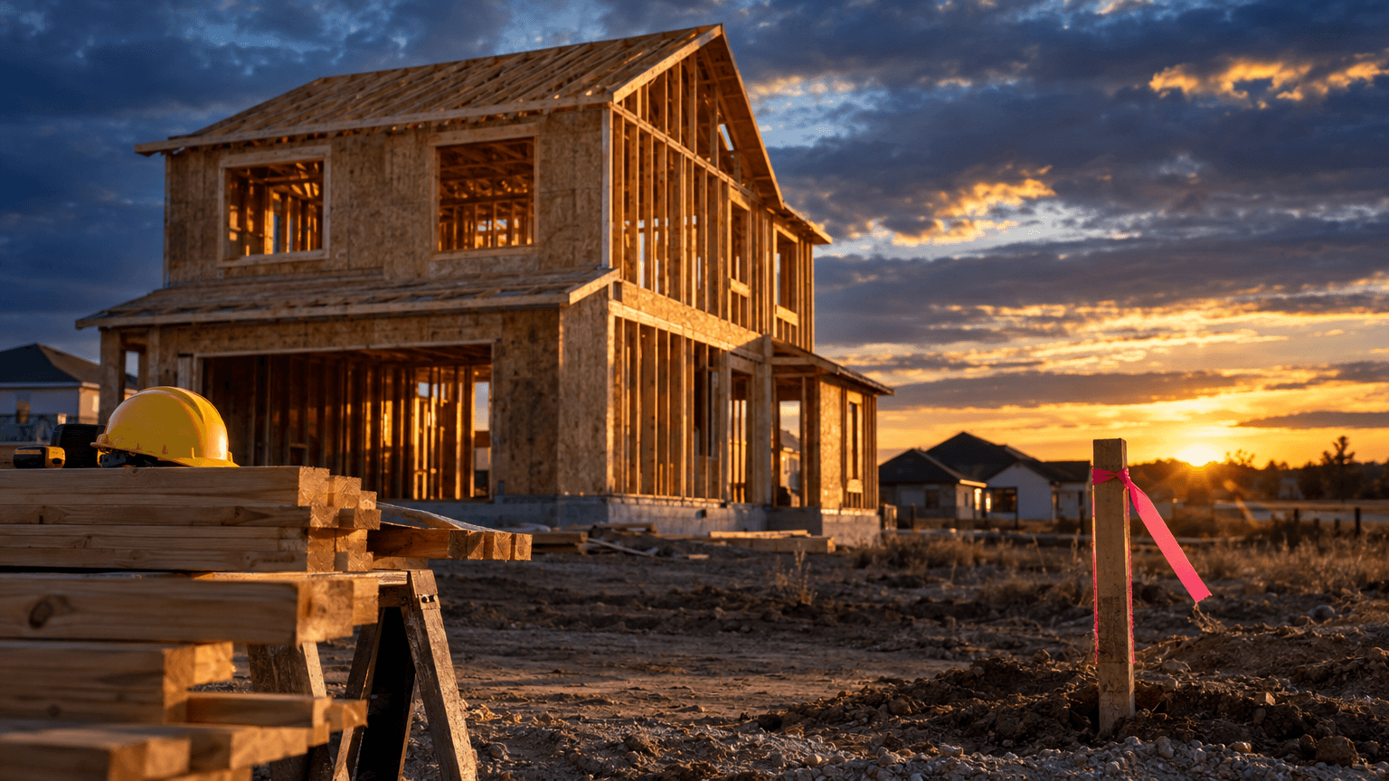 A single unfinished suburban house frame stands at dusk, its raw lumber studs and plywood sheathing exposed against a darkening sky, with a stack of fresh two-by-fours and a yellow hard hat resting on a sawhorse in the foreground.