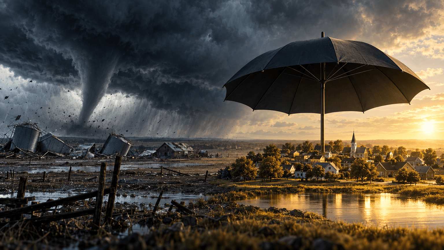 A giant umbrella shelters a calm, sunlit model town with a golden reflecting pool, while a storm with a funnel cloud recedes over a damaged rural landscape on the opposite side.
