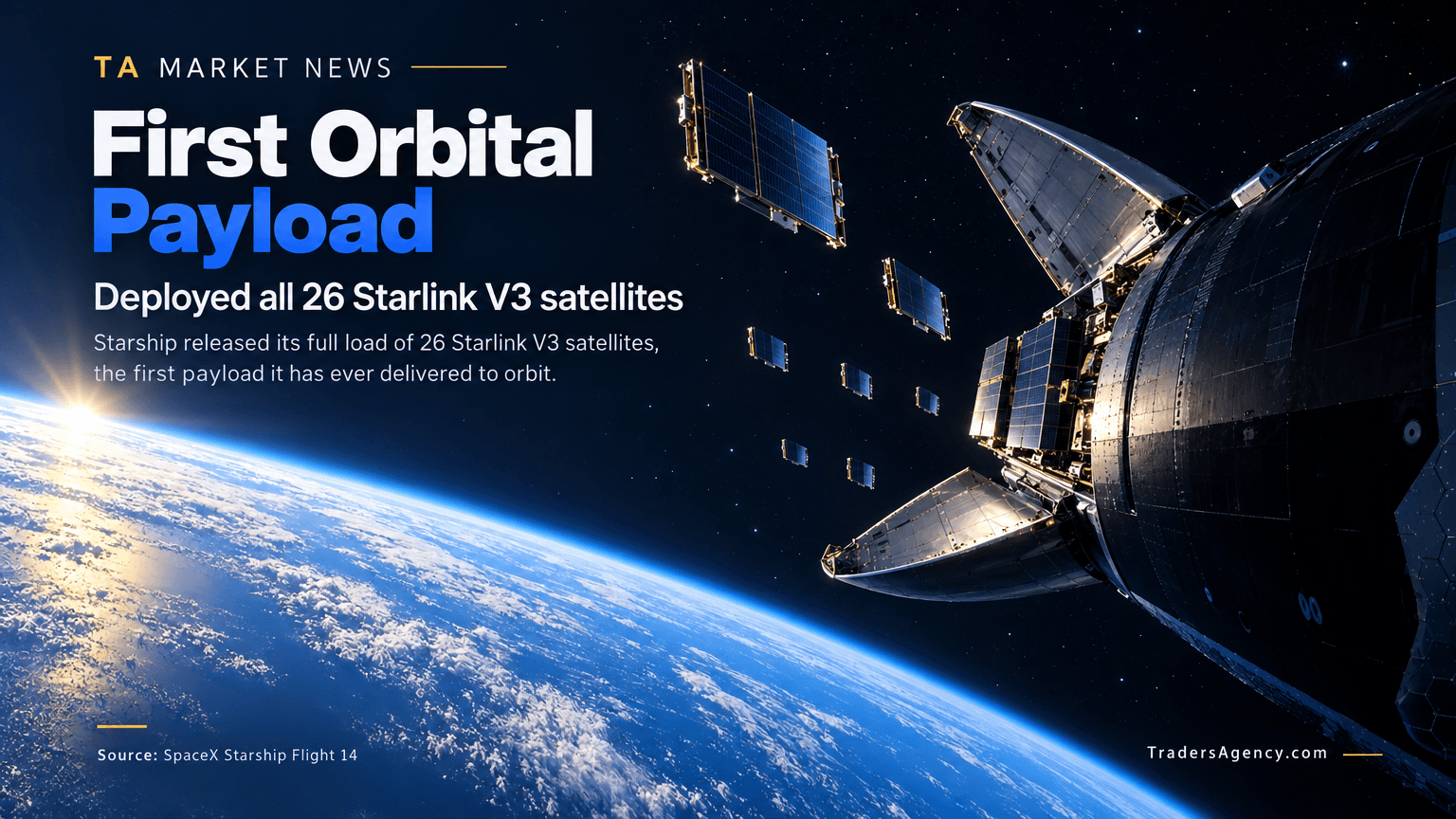 Starship spacecraft in orbit releasing satellites above Earth's curved horizon.