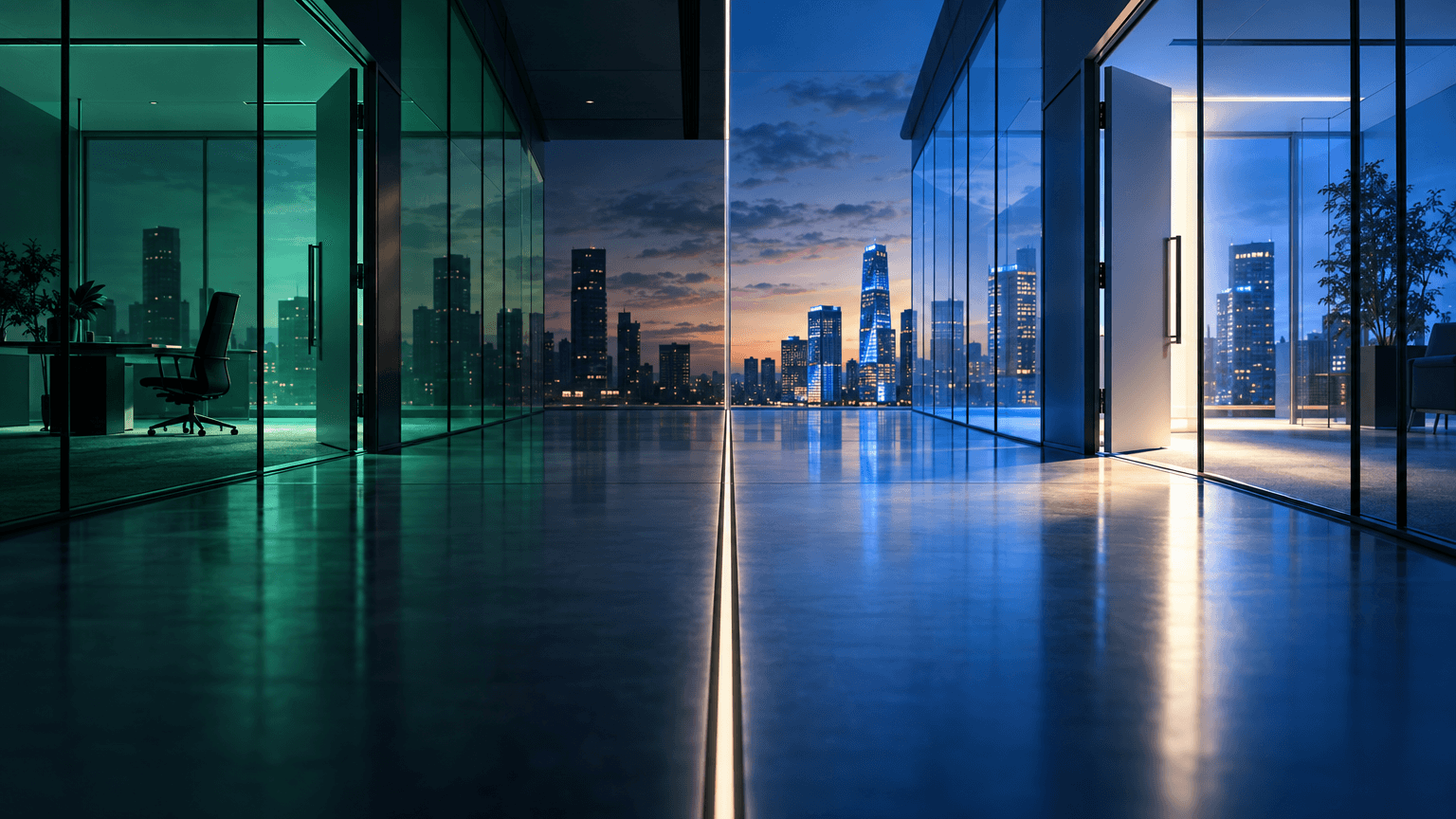 A symbolic architectural scene of two glass corporate corridors at dusk—one dimming in teal light with an empty office chair, the other brightening in blue light with an open door—representing an executive transition between two companies.