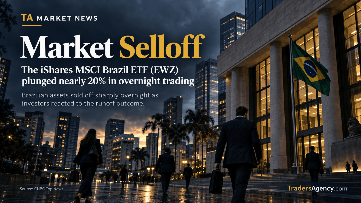 Brazilian financial district at dusk with pedestrians walking near office towers, conveying market unease.