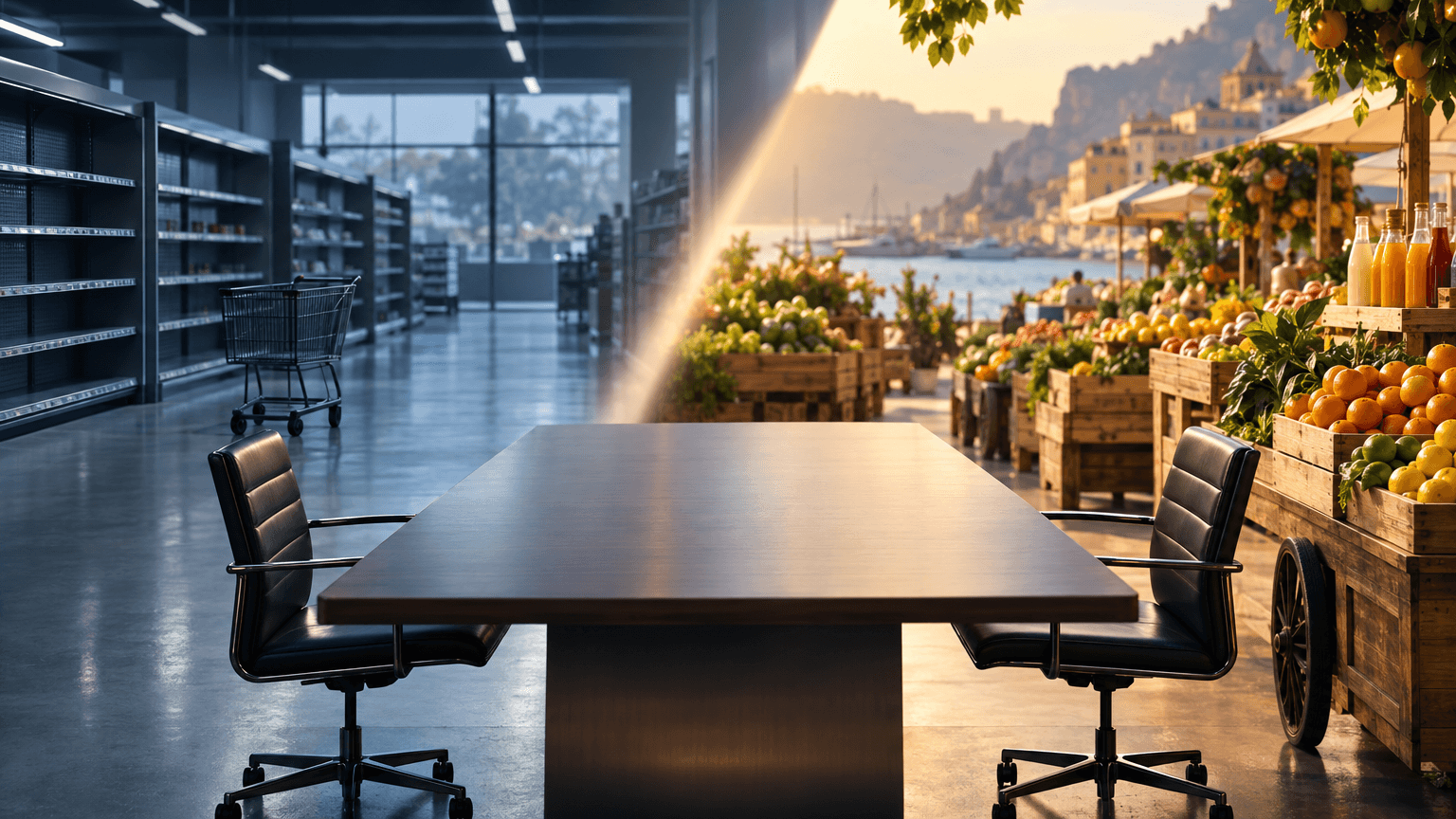 A conceptual split scene contrasting a vibrant, warmly lit international market stall with fruit crates and bottled drinks against a cooler, quieter domestic supermarket aisle, separated by an empty corporate conference table with two chairs in the foreground.