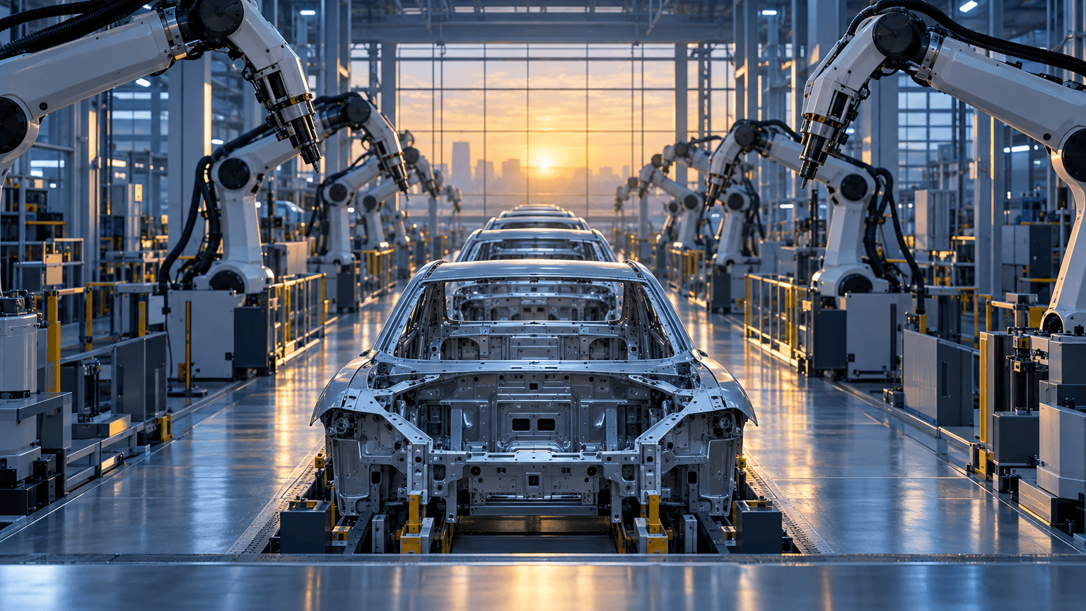 Wide view of an automotive factory floor at dawn with robotic arms over a vehicle production line, symbolizing industrial strength and renewed corporate confidence.