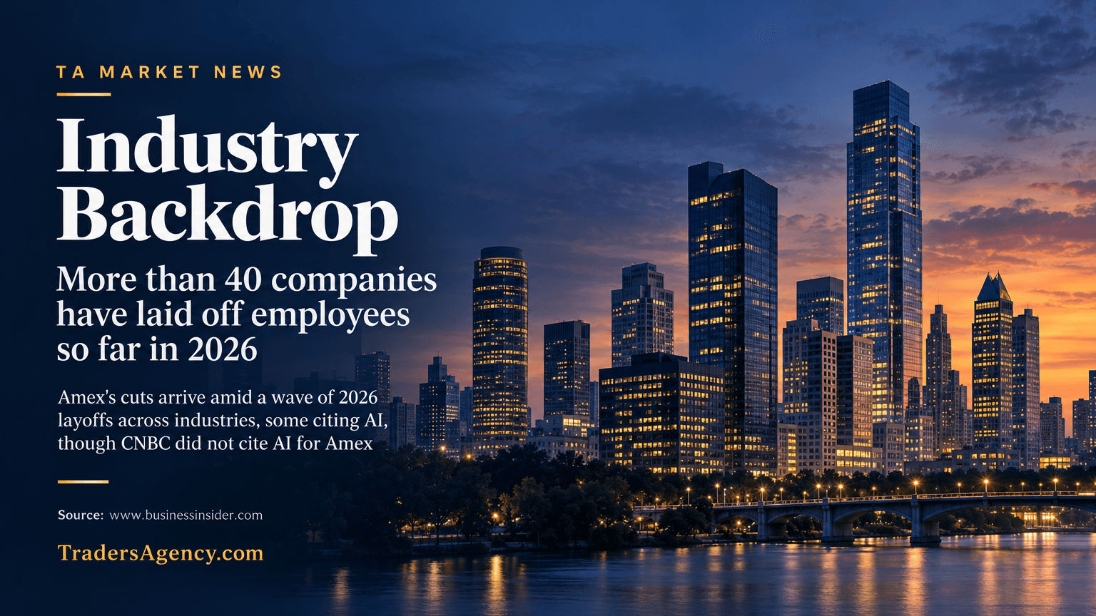 A city skyline with multiple unmarked office towers, symbolizing the broader 2026 corporate layoff trend.