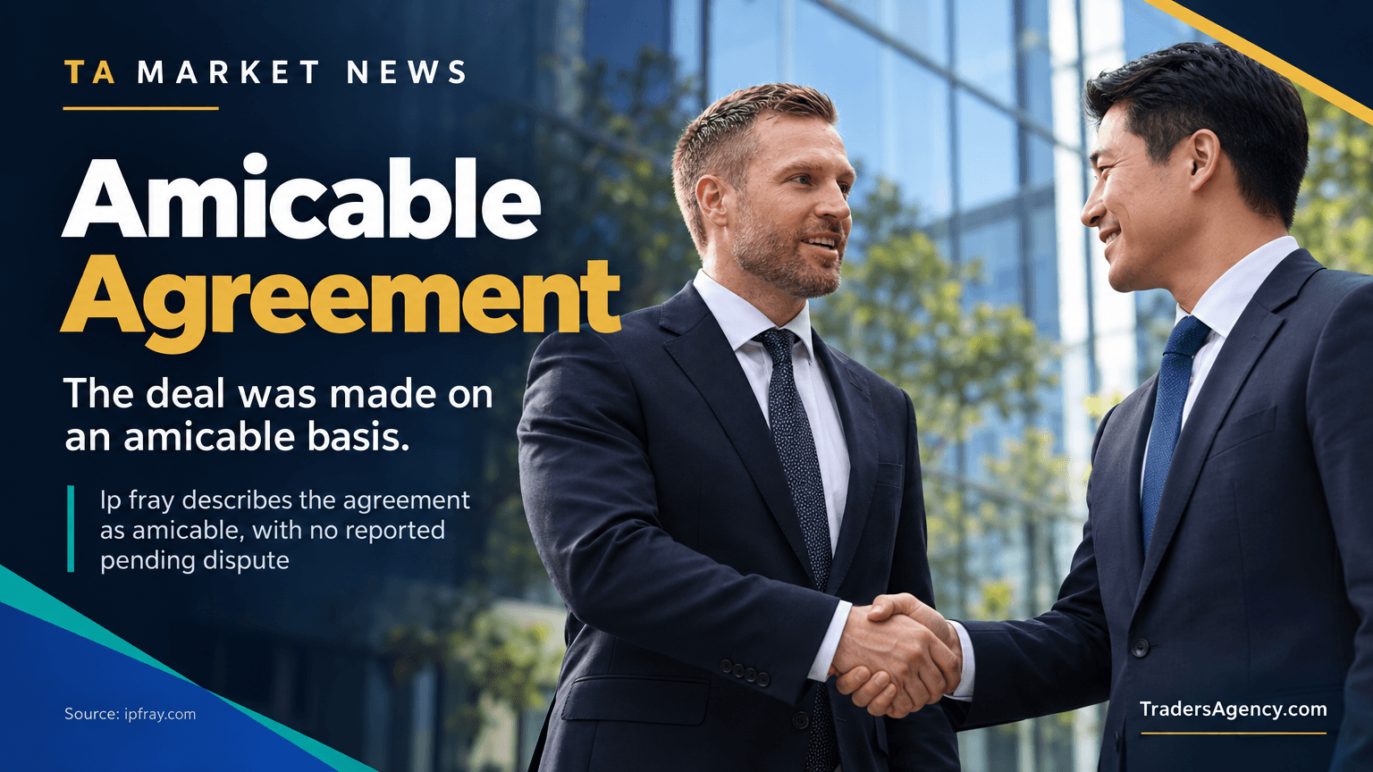 Illustration of two executives shaking hands representing an amicable corporate licensing agreement
