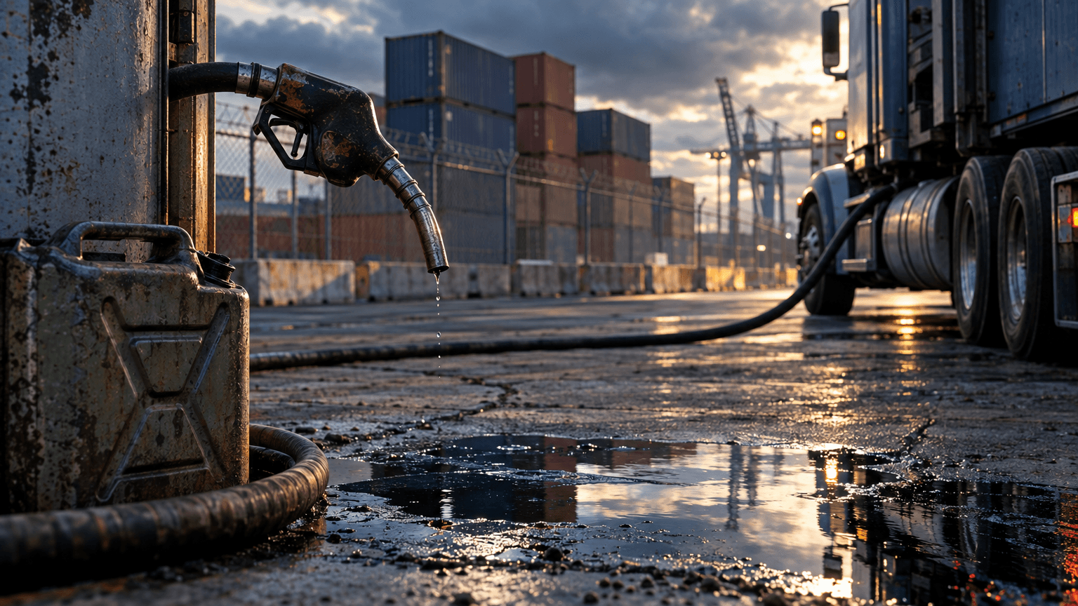 A weathered diesel pump nozzle hangs mid-air over a puddle of spilled fuel on cracked concrete, its hose stretched taut toward an idling long-haul truck in the background, while stacked steel shipping containers loom beyond a chain-link fen