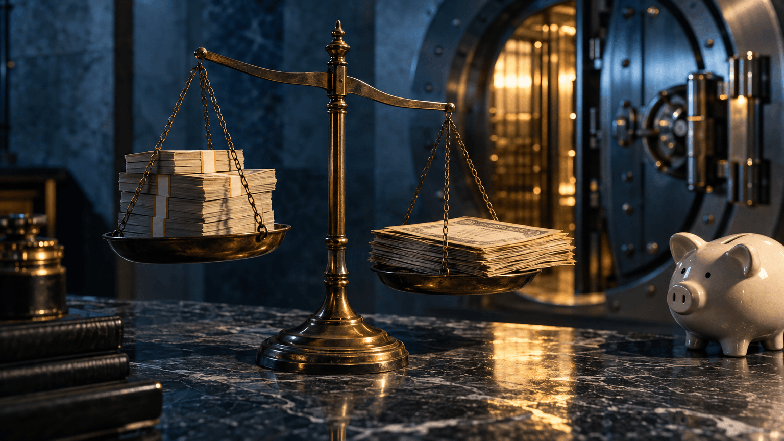 A close-up still life on a dark marble counter: a stack of crisp vault-style bundled currency bands beside a row of old paper bonds yellowing at the edges, a single antique brass balance scale tipped unevenly between them, and a modest cera