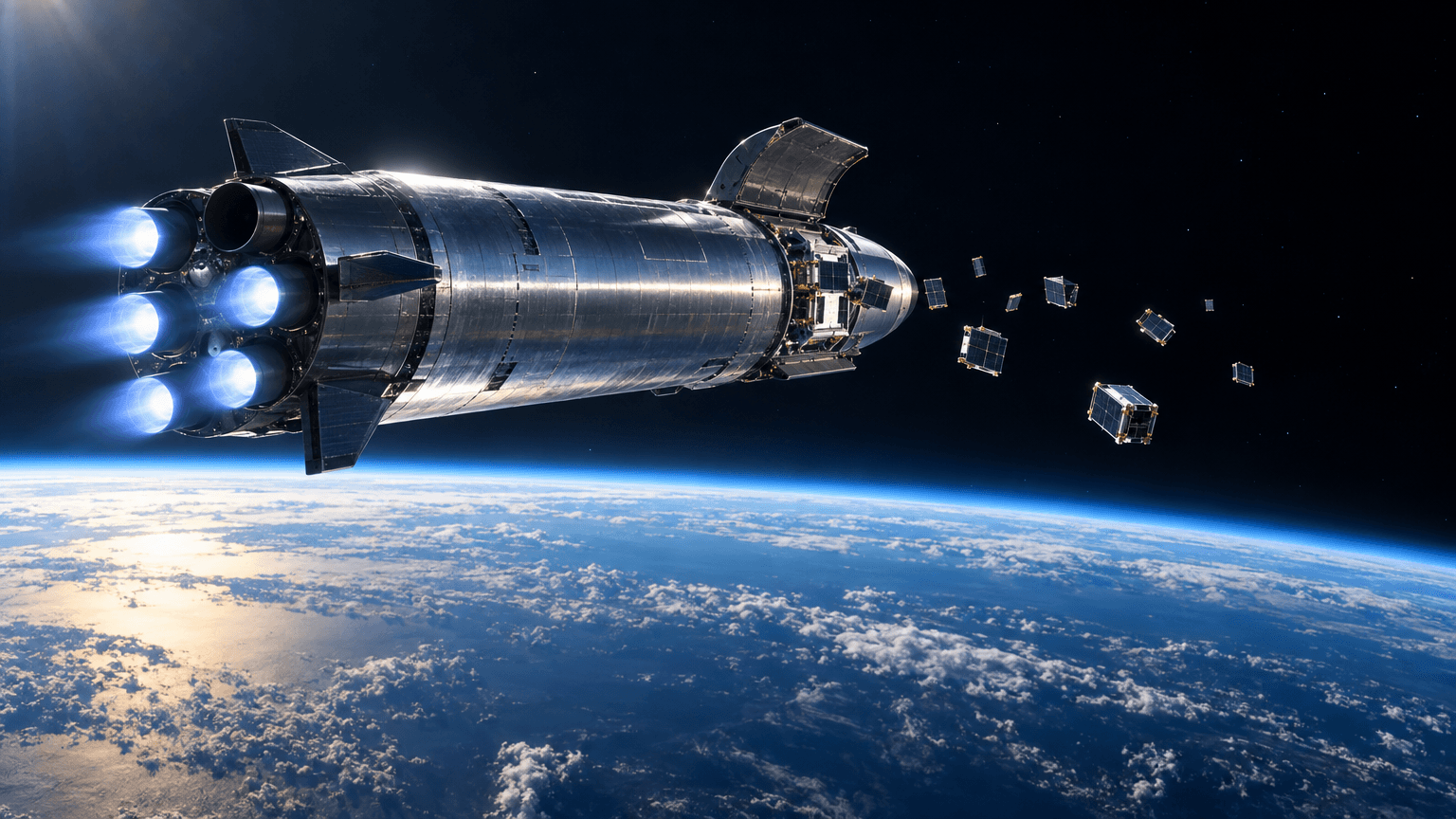 Starship's upper stage in orbit above Earth's curved horizon, deploying a cluster of satellites, with one of its rear engines visibly unlit compared to the others.