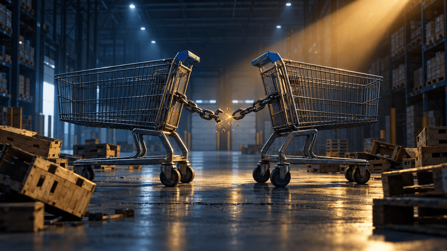 Two large identical shopping cart silhouettes pulling apart from each other in a dim industrial warehouse, connected by a thick chain with one link breaking apart, surrounded by toppled empty crates and pallets, symbolizing a collapsed merger.