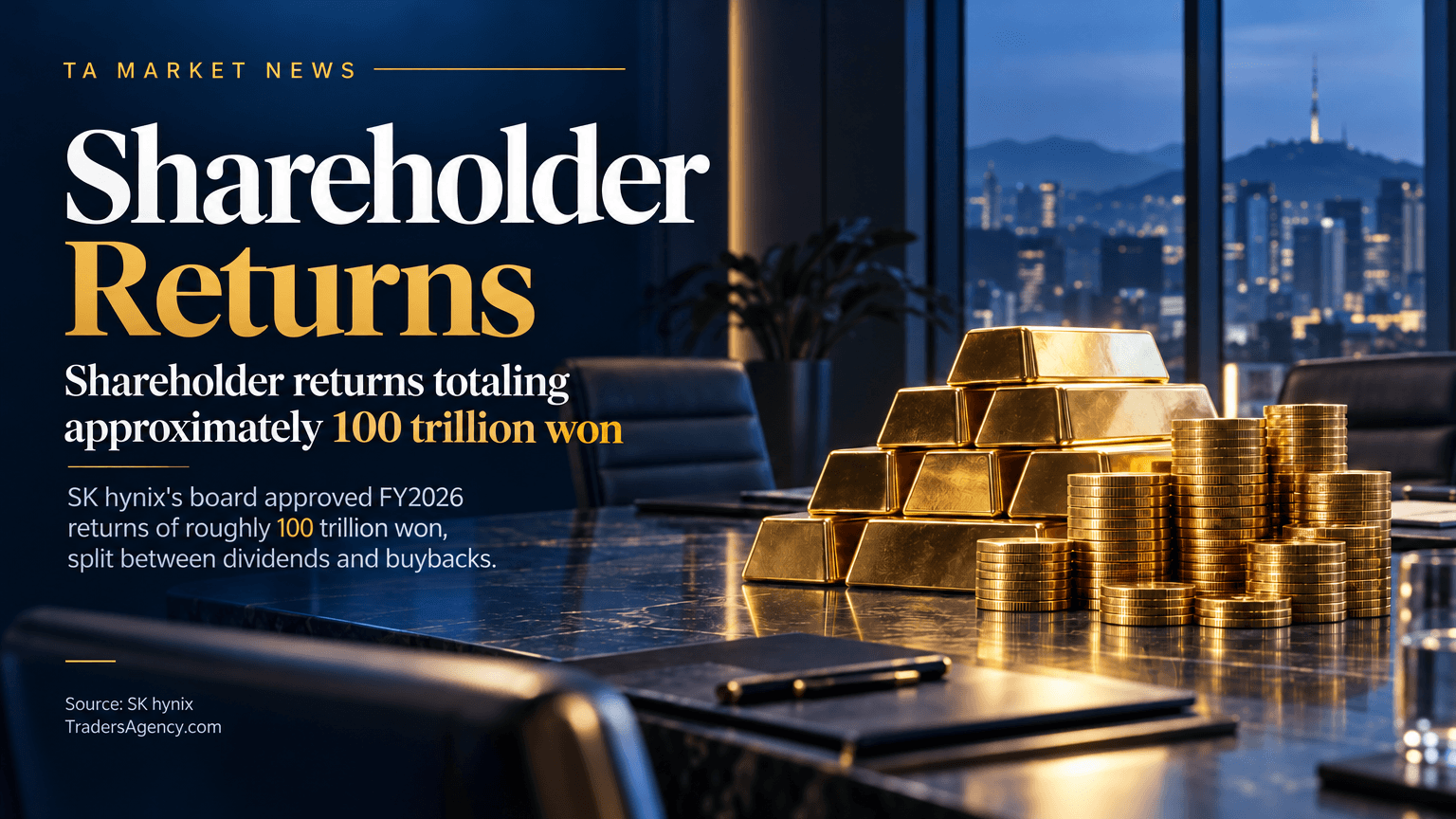 Stylized boardroom scene with stacked coins and gold bars symbolizing a large shareholder payout.