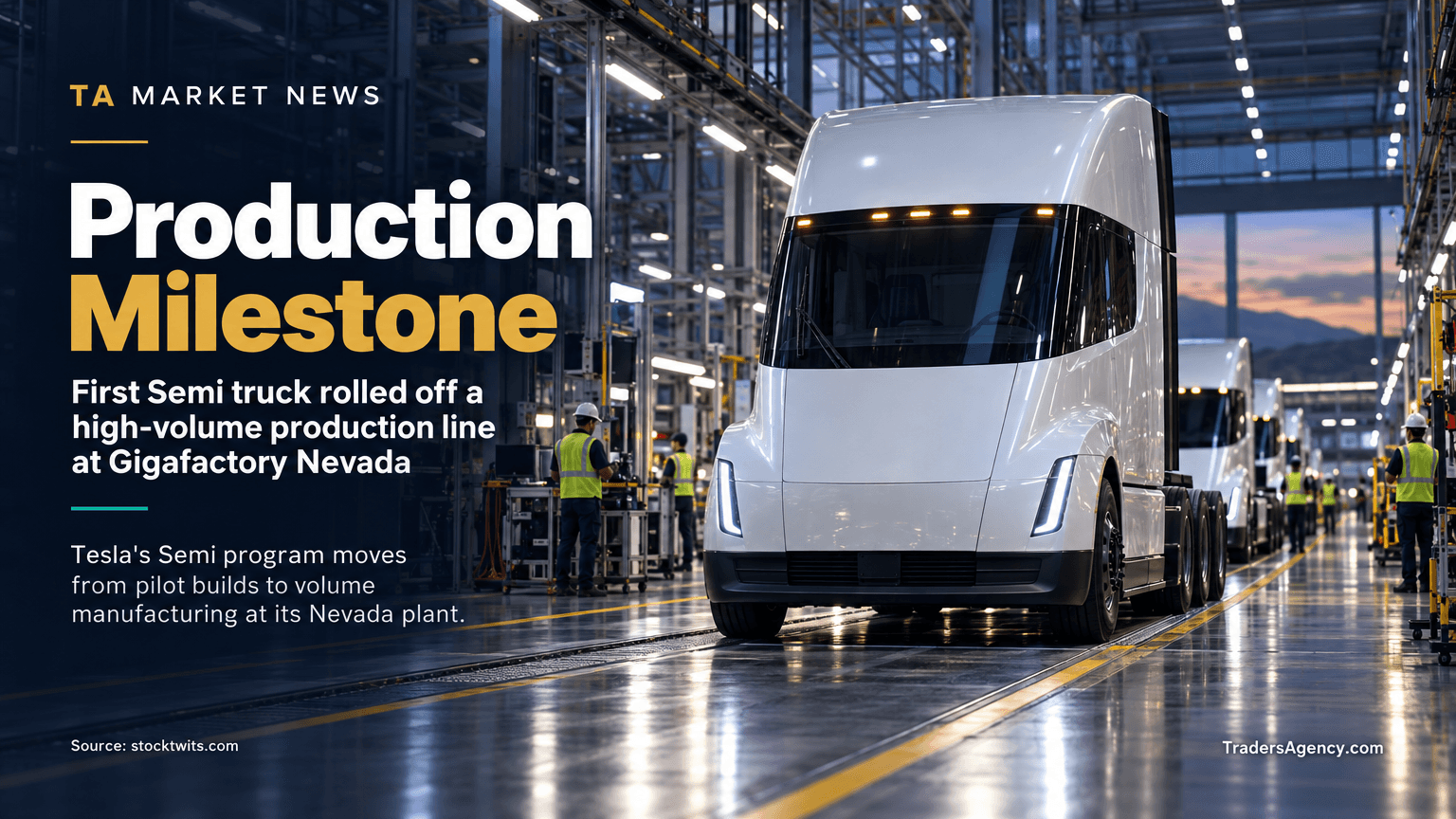 Illustration of an electric semi truck moving through a large factory production line.